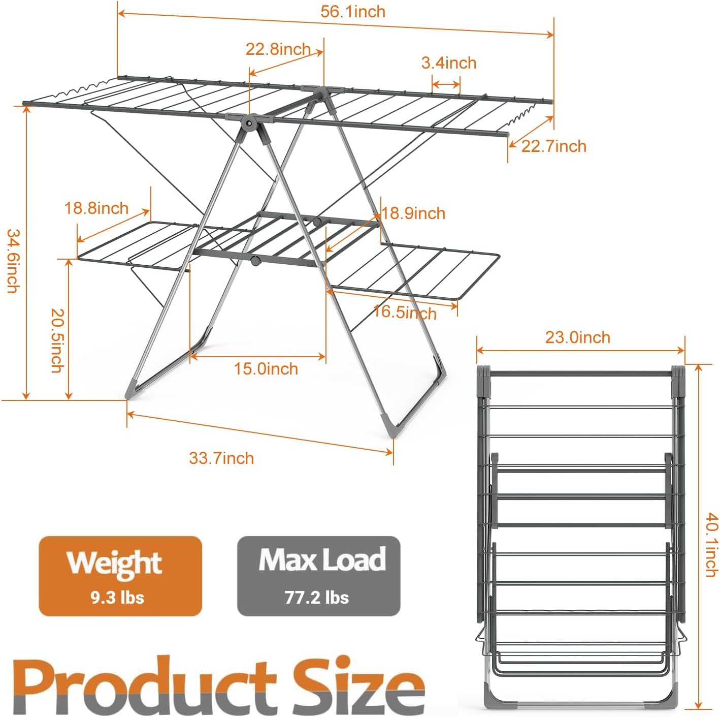 Bigzzia Clothes Drying Rack Foldable, 2-Level Large Laundry Drying Rack Collapsible, Stainless Steel Drying Rack Clothing for Indoor Outdoor, Easy to Fold, 33 Drying Rails, 142cm, Gray