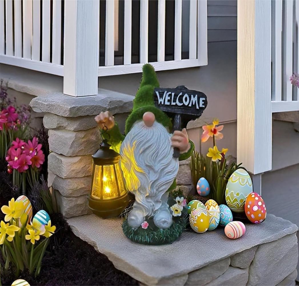 Solar Gnome Outdoor Garden Fall with Solar Lantern - 11’’Halloween Autumn Welcome Gnomes Decorations for Yard Patio (Green & White)