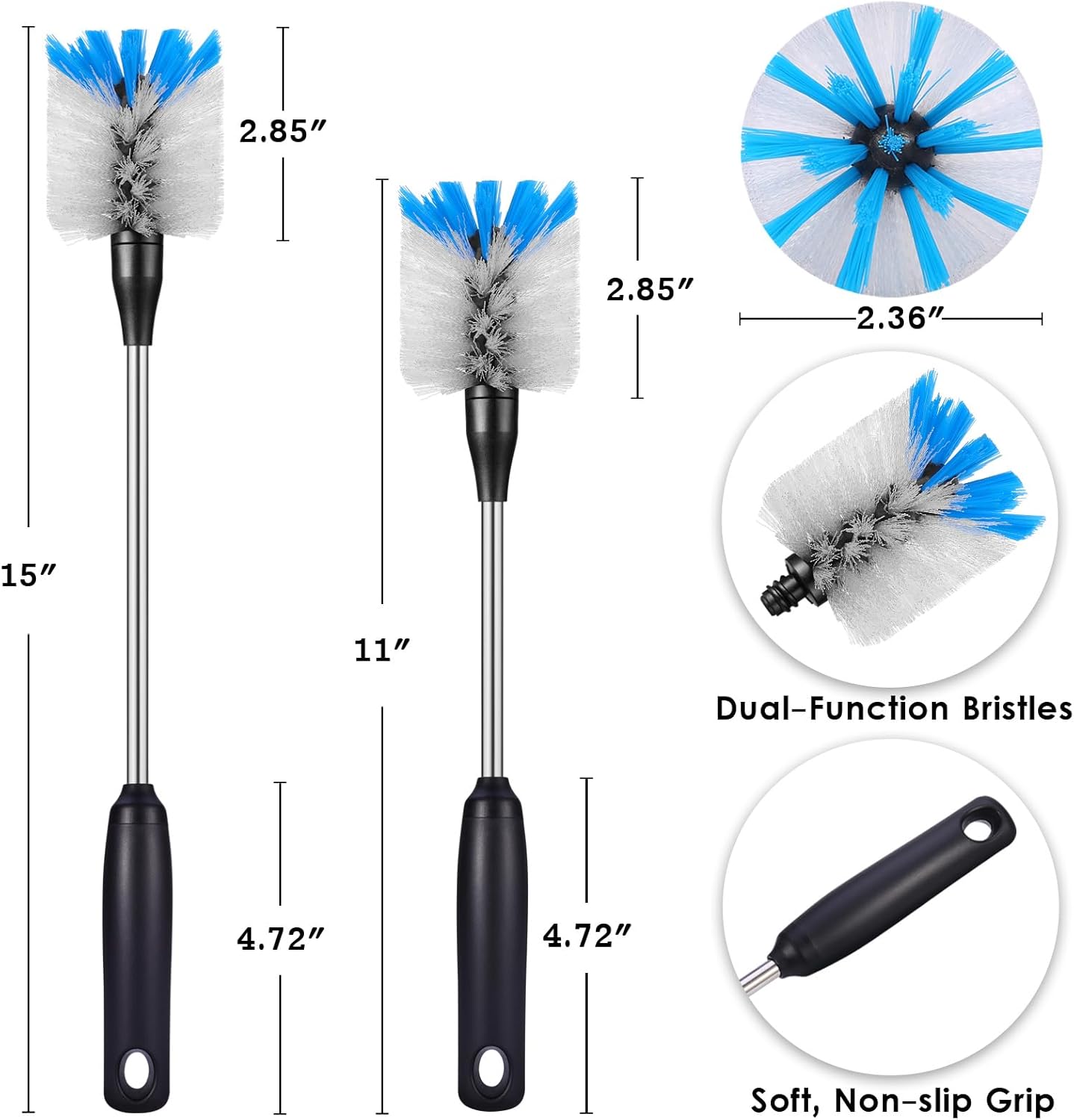 Stainless Steel Bottle Brush with Replaceable Head, 2 Pack Long Handle Scrubbing Brush for Water Bottles, Glasswares, Mugs, Flasks, Tumblers, Vases, and Kitchen Sink, 15 in