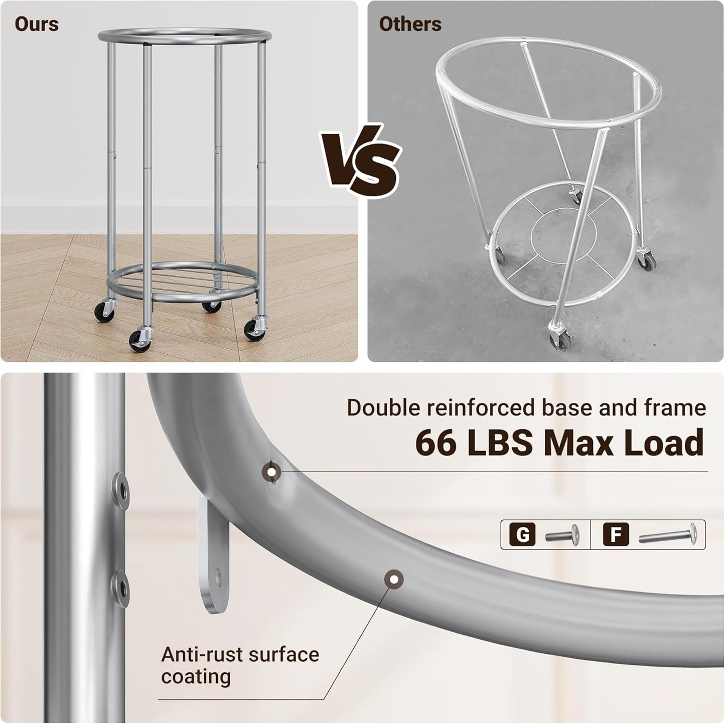 ELYKEN Laundry Hamper with Wheels, 110L Rolling Laundry Basket, Round Laundry Cart with Steel Frame and Removable Bag, 4 Casters and 2 Brakes, Dirty Clothes Hamper for Hotel, Home, Closet, Dorm, Gray