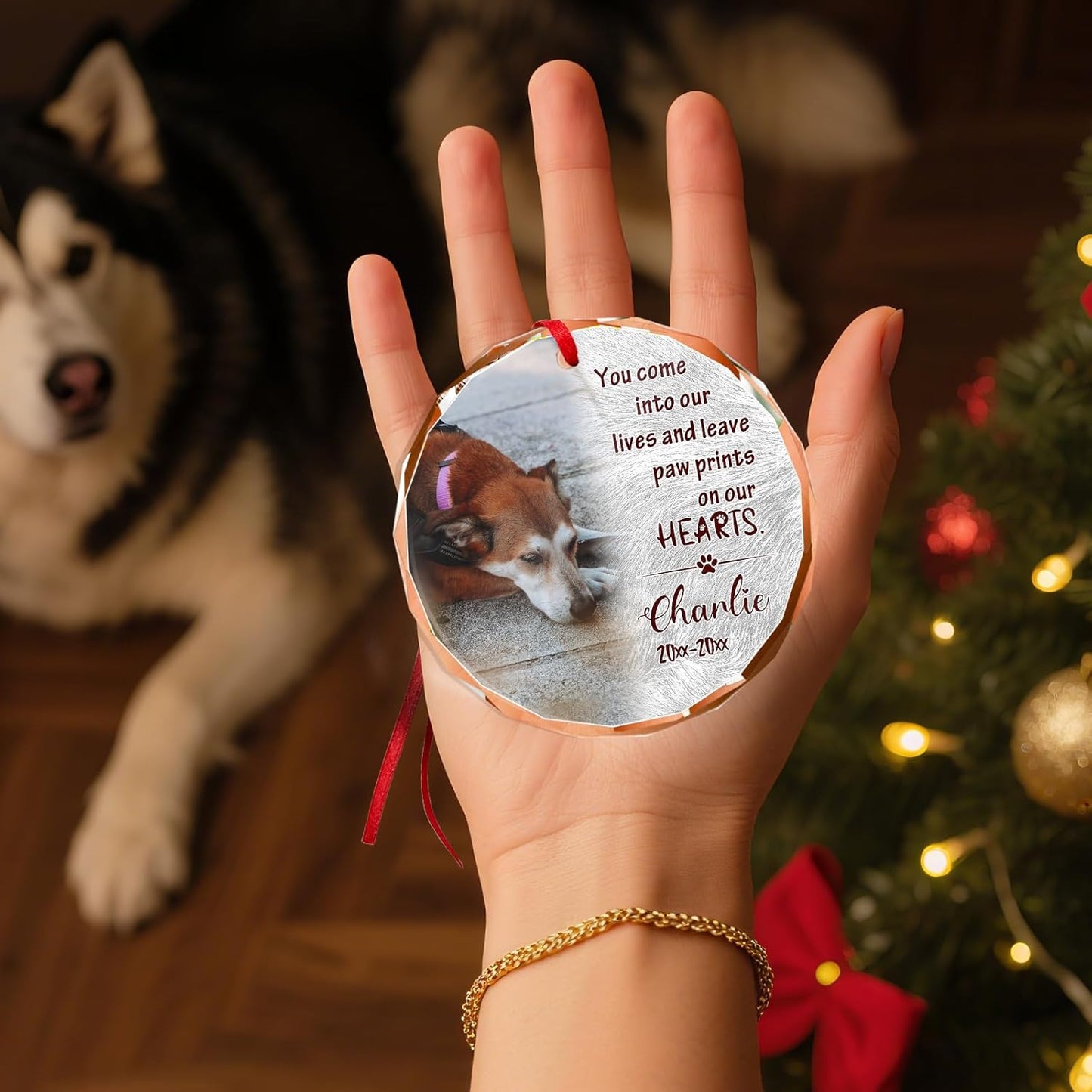 Personalized Memorial Pet Glass Ornament - Custom Picture Christmas Ornaments, Dog Forever in Our Hearts Hanging Ornament Xmas Tree Decor for Dog Lovers
