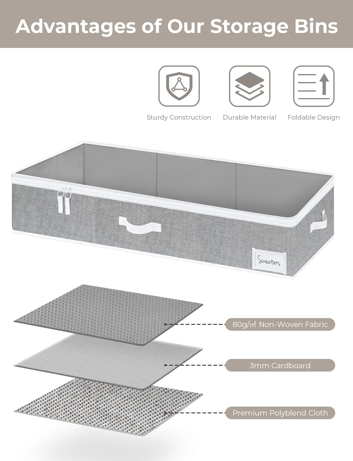 StorageWorks Under Bed Storage Containers with Handles and Label Holder, 2 Pack Ultra-thick Fabric Underbed Bins, Closet Organizer for Clothes, Blankets, Sweater