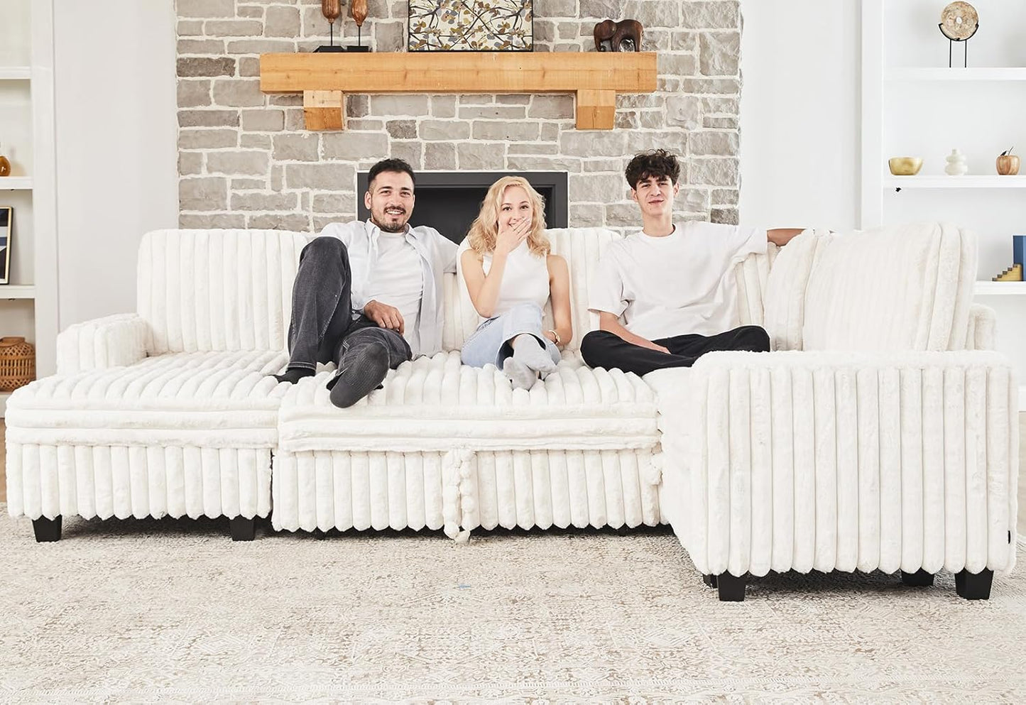 Belffin Corduroy Sleeper Sofa Bed with Storage Chaise Modular Sectional Sofa Couch with Pull Out Bed L Shaped Sectional Couches for Living Room White Couch