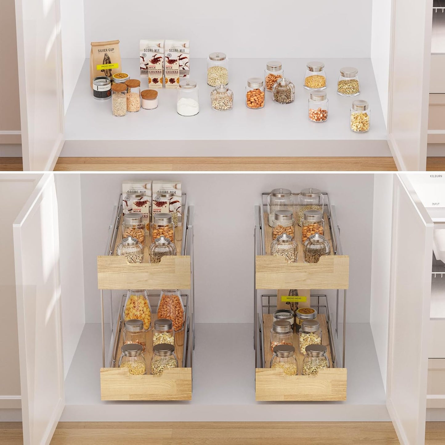 Pull Out Cabinet Organizer,Heavy-Duty Slide Out Shelf, Wood and Wire Basket, Pull Out Drawer for for Kitchen Under Sink Space, Pantry, Bathroom, 2 Tie 9 * 21 in