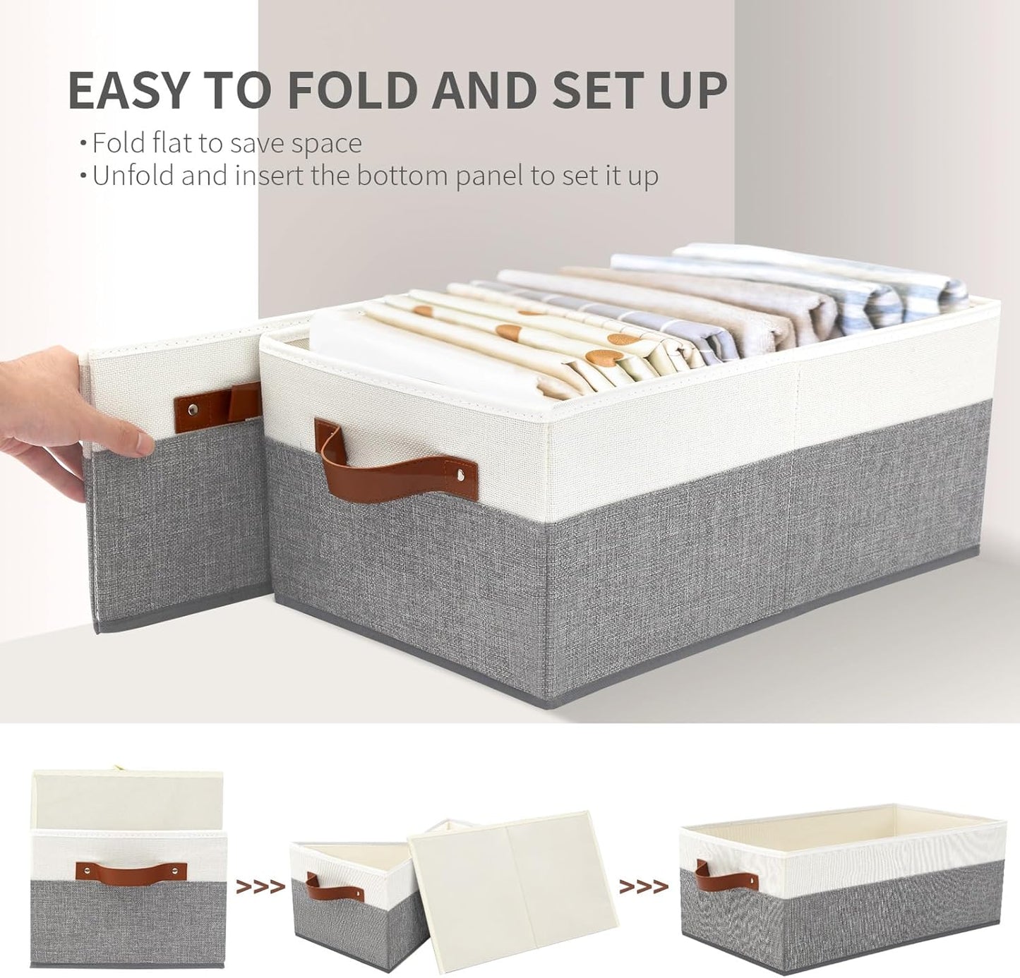 6 Pack Closet Storage Bins, Storage Baskets for Shelves, Linen Closet Organizers and Storage with Leather Handles for Clothes,Towels, Sheets, Jeans, Toys, Books (Grey and White)