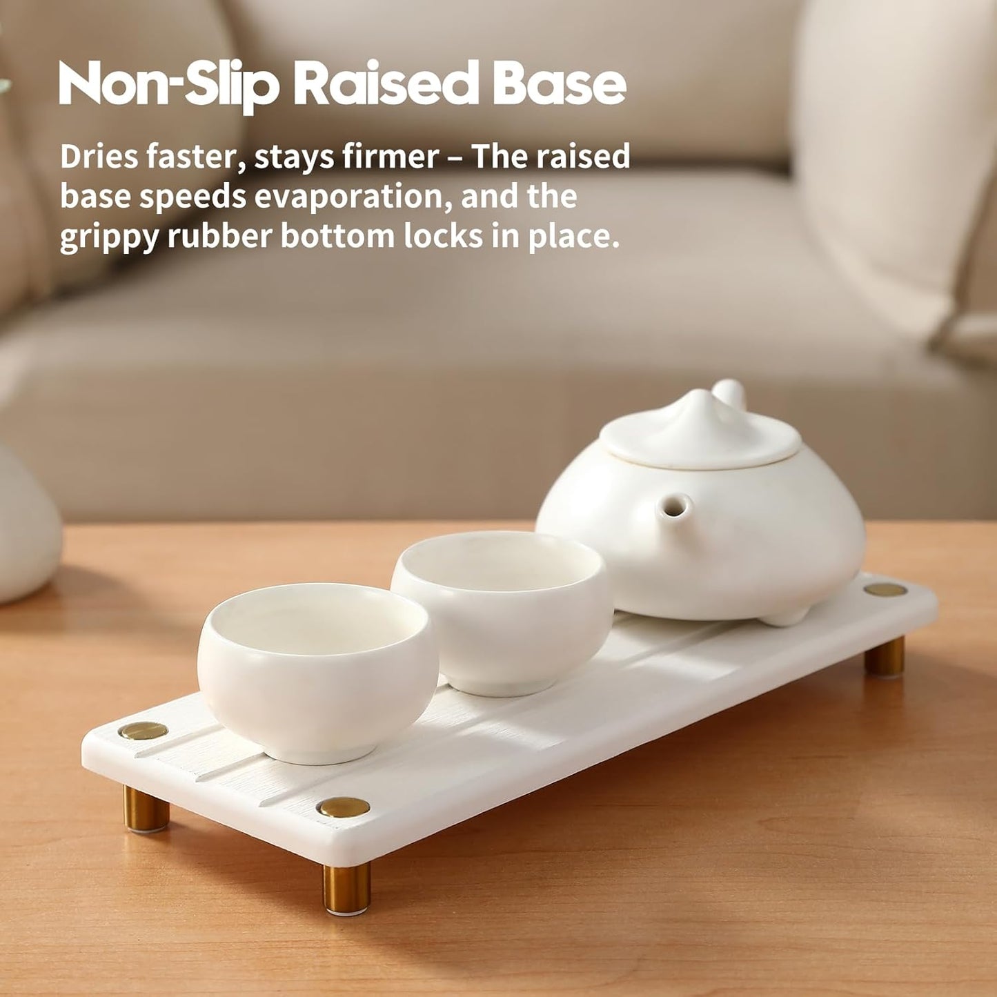 Instant Dry Sink Caddy Kitchen Sink Organizer, Quick Drying Diatomaceous Earth Stone Sink Tray Sponge Holder Soap Dish, Bathroom Countertop Vanity Dispenser Toothbrush, Gold White, 10" x 4"