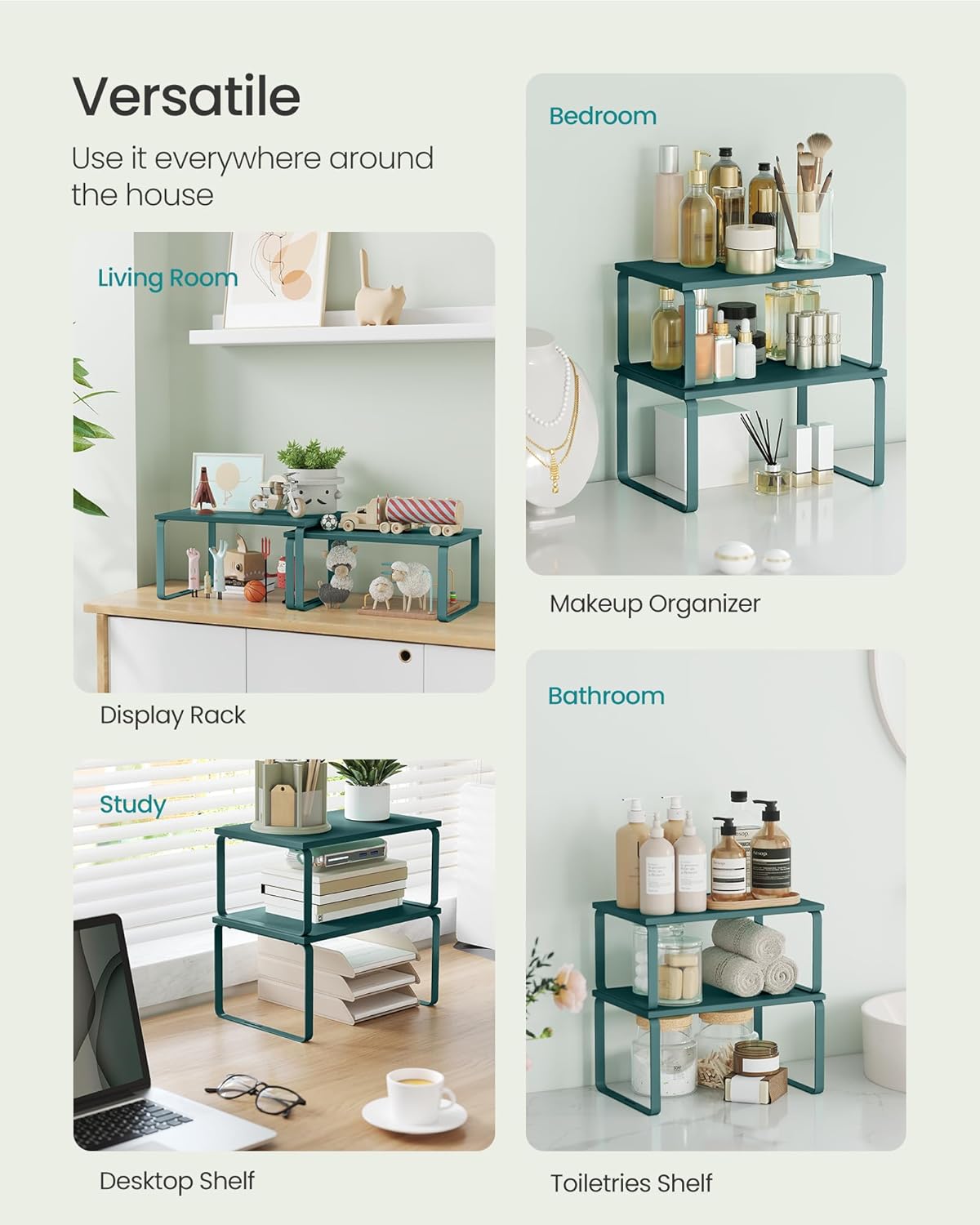 SONGMICS Cabinet Organizer Shelf, Set of 2 Kitchen Counter Shelves, Kitchen Storage, Spice Rack, Stackable, Expandable, Metal and Engineered Wood, Marrs Green UKCS002C02