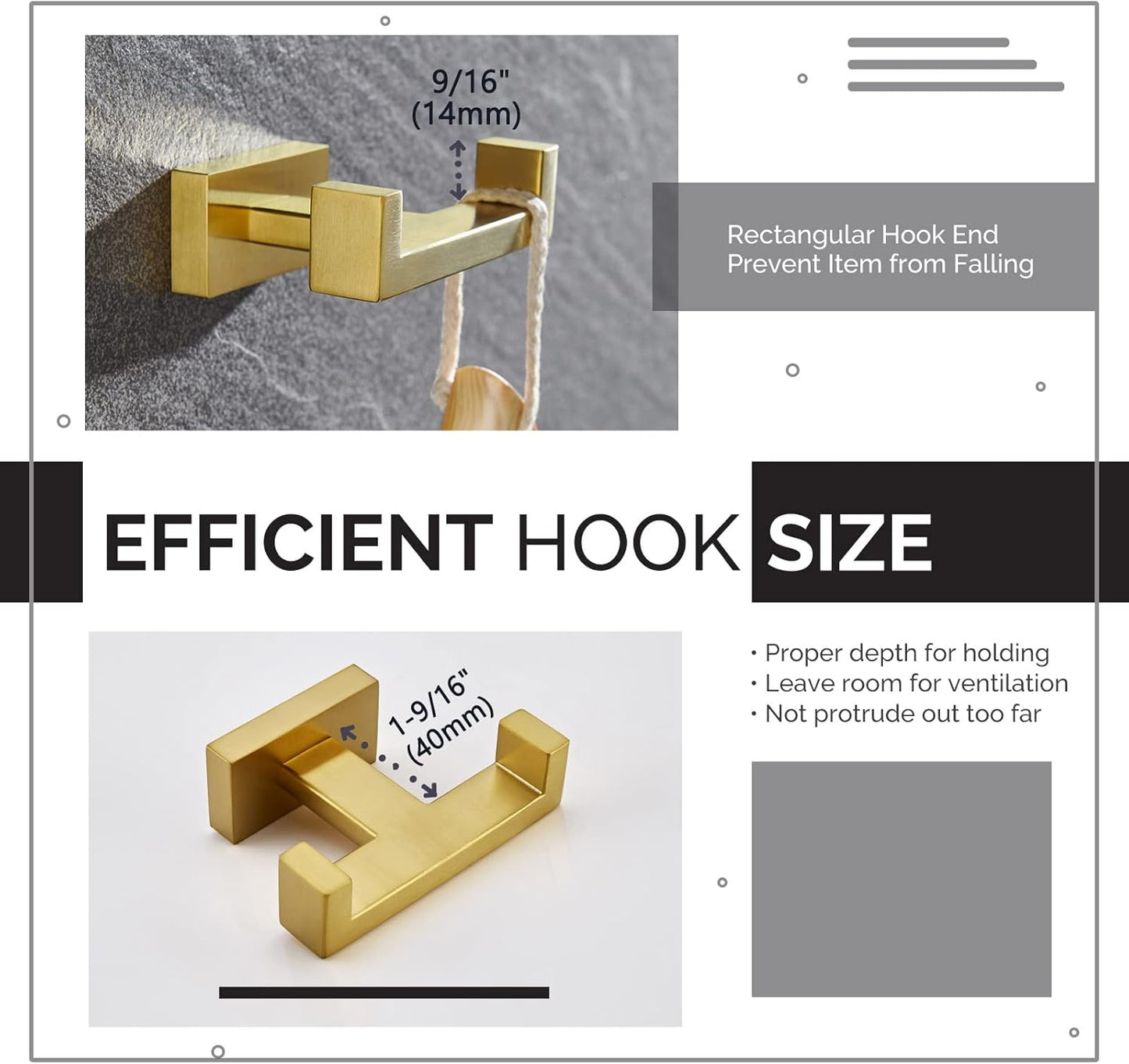 Angle Simple Towel Hook for Bathroom, SUS 304 Stainless Steel Hand Towel Holder, Double Robe Coat Hook for Wall, Brushed Gold