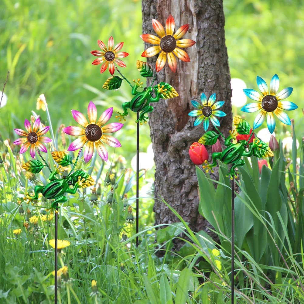 3 Pack Frog&Flowers Garden Stakes Decor,Metal Yard Art Decorative Garden Stakes,Metal Flowers Spring Outdoor Decor for Mom,Women,Grandma