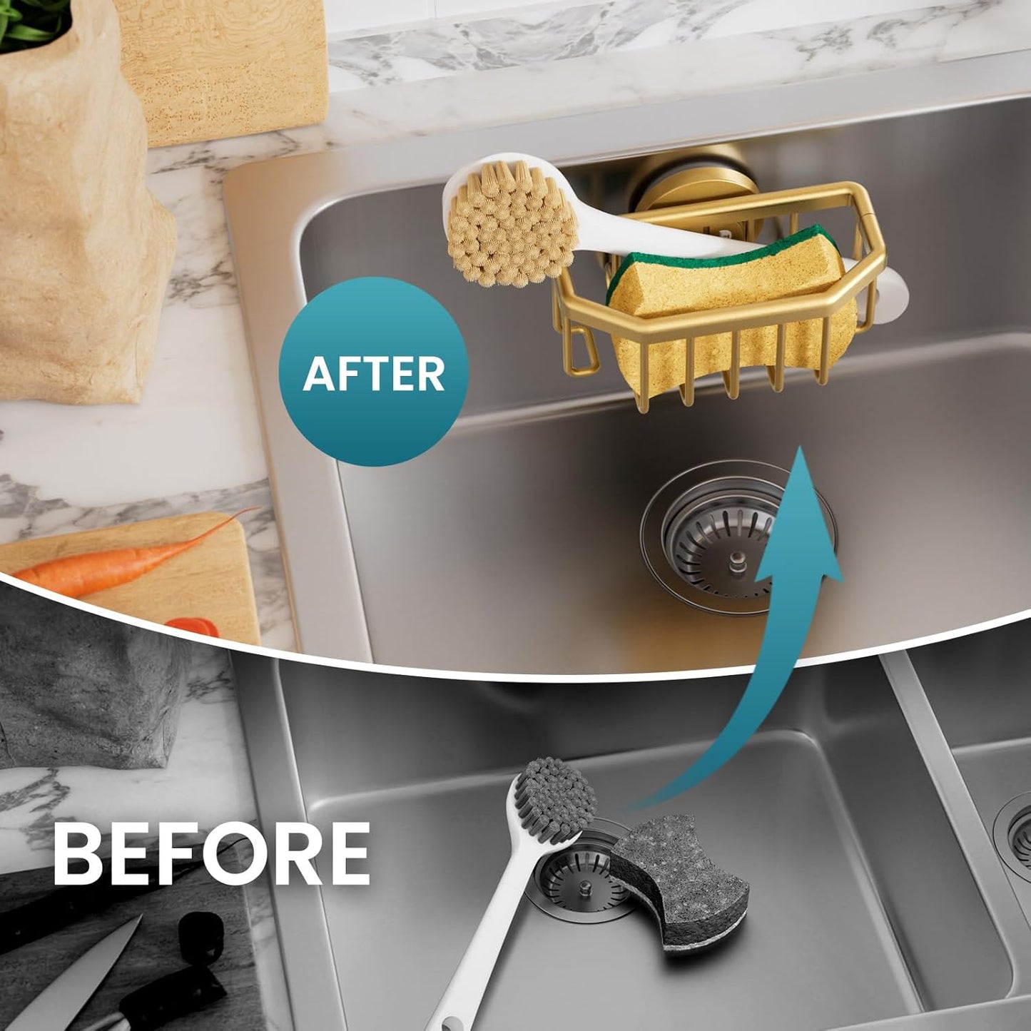 TAILI Sponge Holder for Kitchen Sink with Strong Suction Cup, Rustproof Aluminum Sink Caddy for Sponges, Brushes, Stoppers & Scrapers, Gold