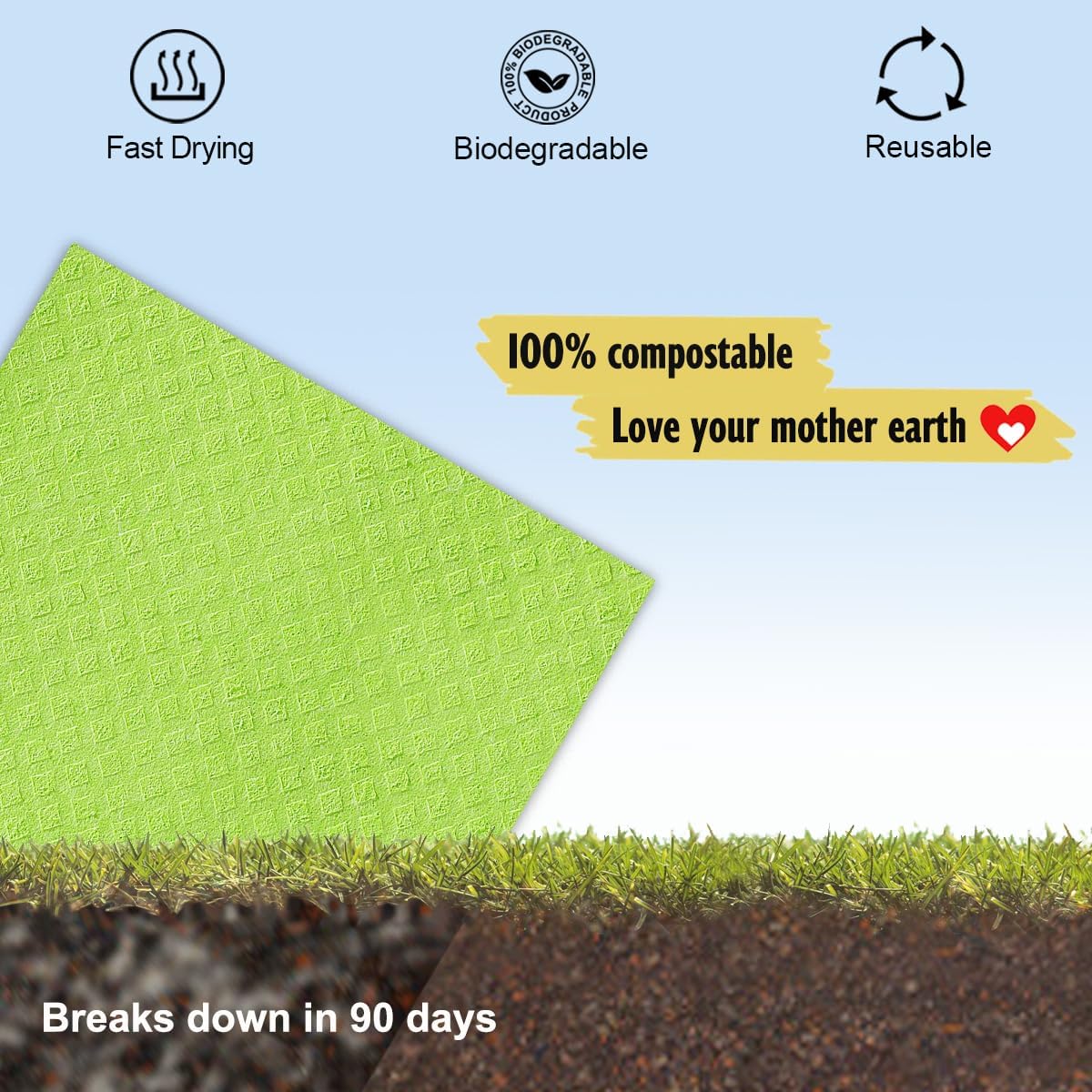 Swedish Dishcloths for Kitchen | 10 Pack Cellulose Sponge Dish Cloths Washable | Non-Scratch Reusable Towels Rags Ultra-Absorbent Cleaning Cloths Quick Drying