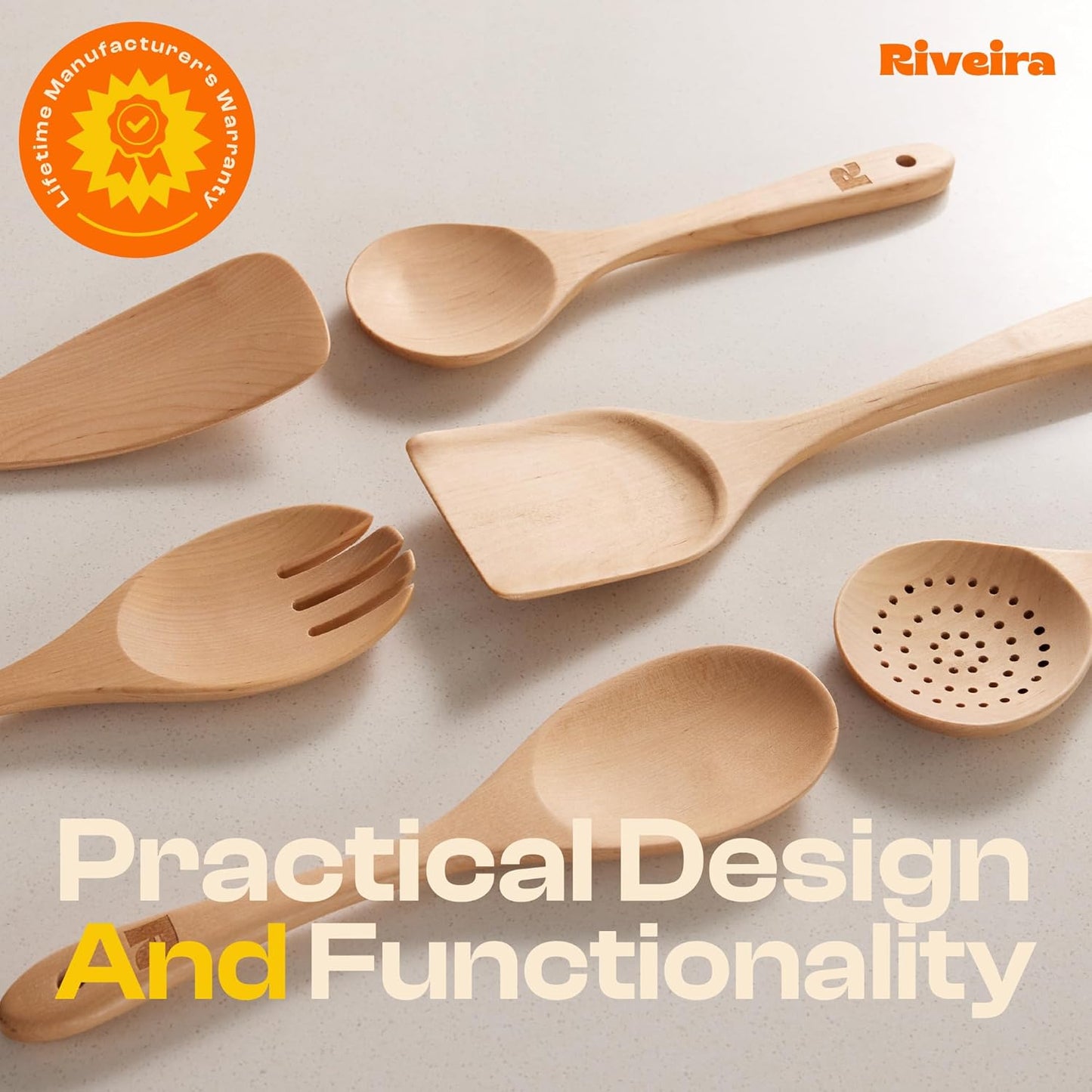 Riveira Maple Wooden Spoons for Cooking Set of 6 – Natural Maple Wooden Cooking Utensils, Wooden Spatula, Wooden Spoon - Premium Quality Wooden Utensil Set for Non-Toxic Cooking