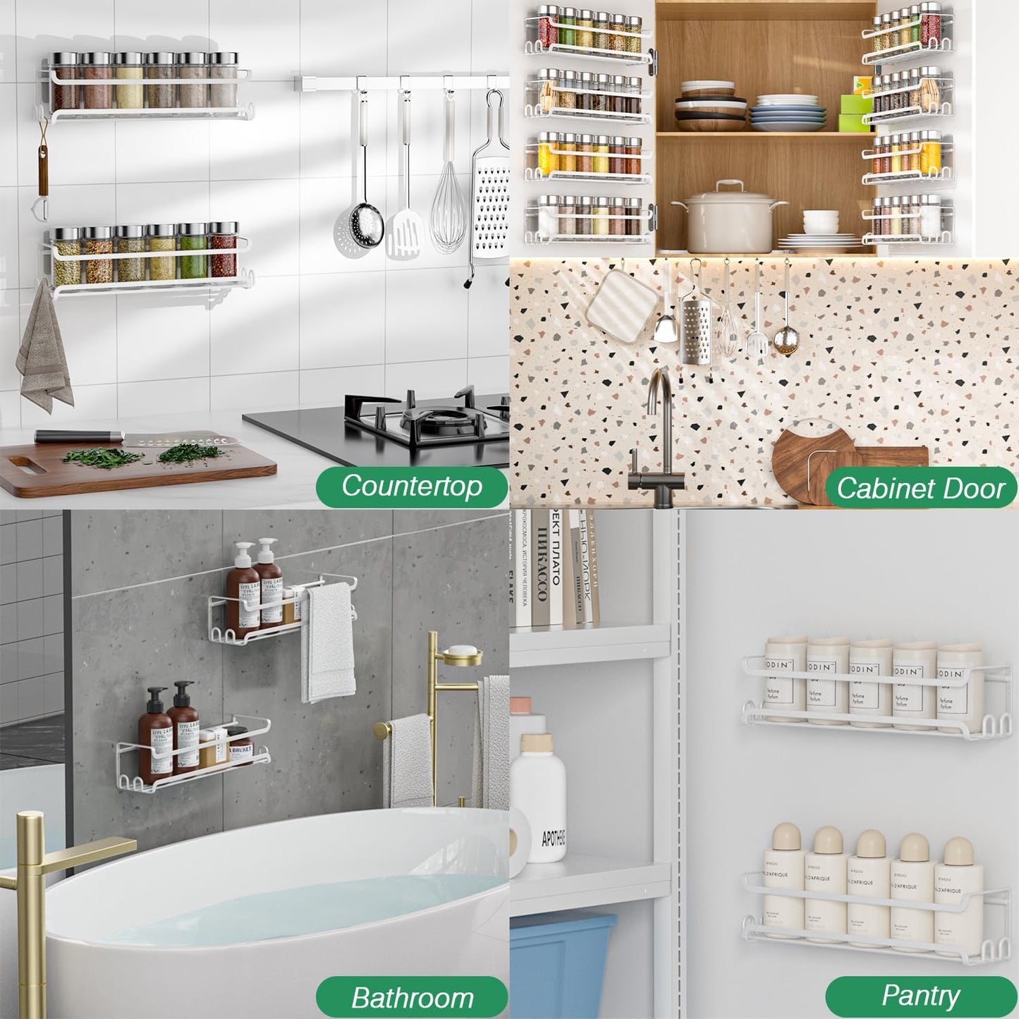 LUCYCAZ 8 Pack Wall Mounted Spice Rack with 16 Hooks, Spice Organizer Shelf for Stove Cabinet Pantry Door,Screw or Adhesive Spice Shelf Hanging Wall Spice Rack in Kitchen and RV (White, 8 PACK)