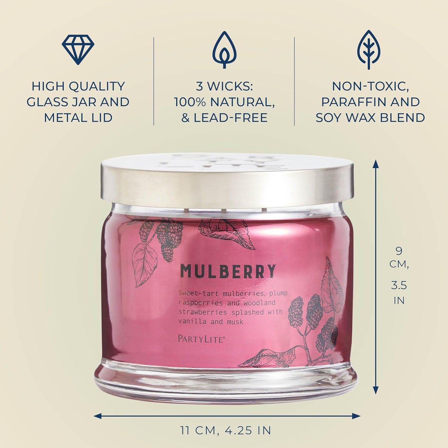 PartyLite Mulberry Scented, Notes of Tart Black Currant, Sweet Blackberry, Juicy Mulberry & Jewels of Pomegranate, 13.2oz 3-Wick Jar Candle, 45 Hour Burn Time, Luxurious Fragrance, Perfect for Gifting