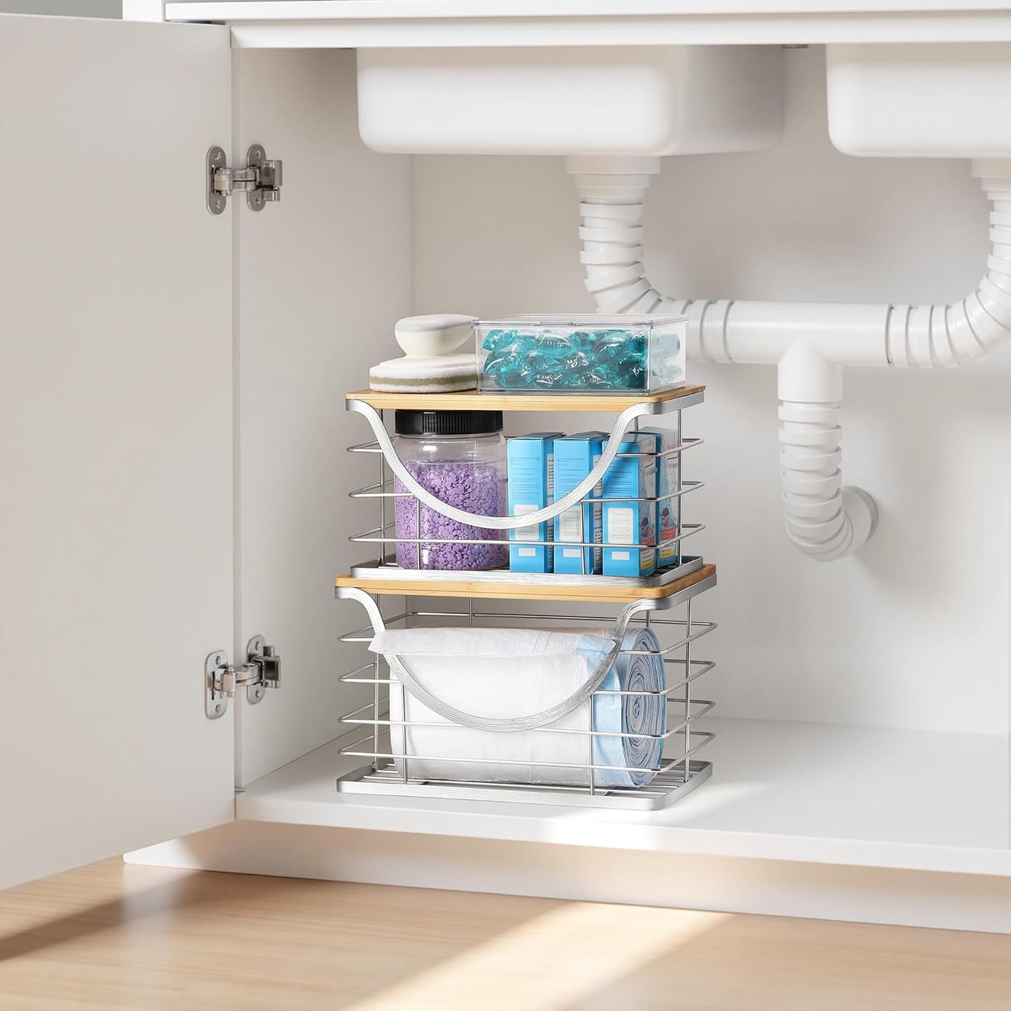 Extra Large Trash Bag Holder Stackable Kitchen Storage Slive, 2 Pack Wall Mounted Pantry Organizers and Storage with Bamboo Top, Garbage Bag Dispenser Under Sink for Laundry Room and Kitchen