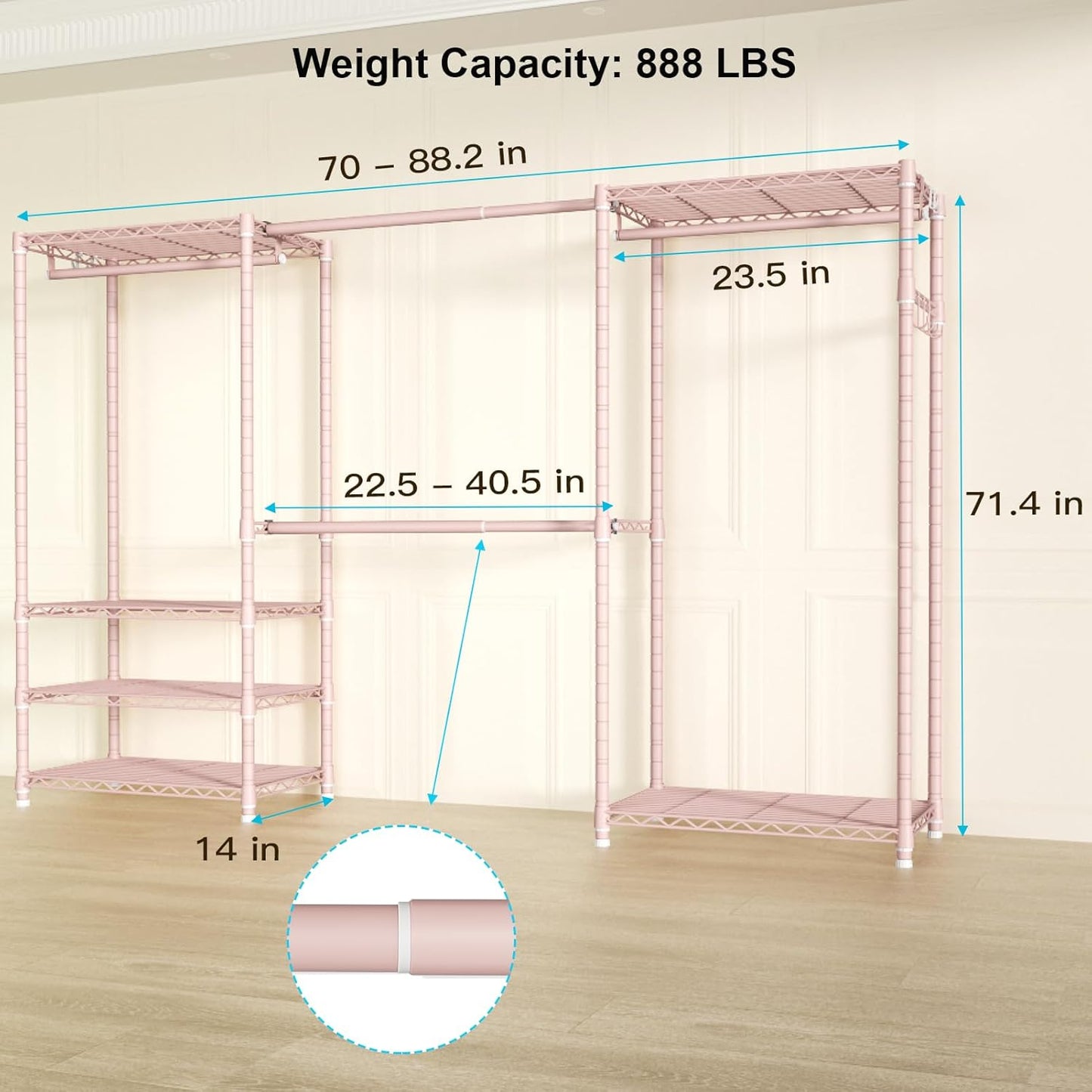 Ulif E1 Heavy Duty Closet Garment Rack, 6 Tiers Adjustable Metal Freestanding Expandable Clothing Storage with 4 Hanger Rods, Easy to Assemble Wardrobe, 71.4" H x (70" - 88.2") L x 14" D, Pink