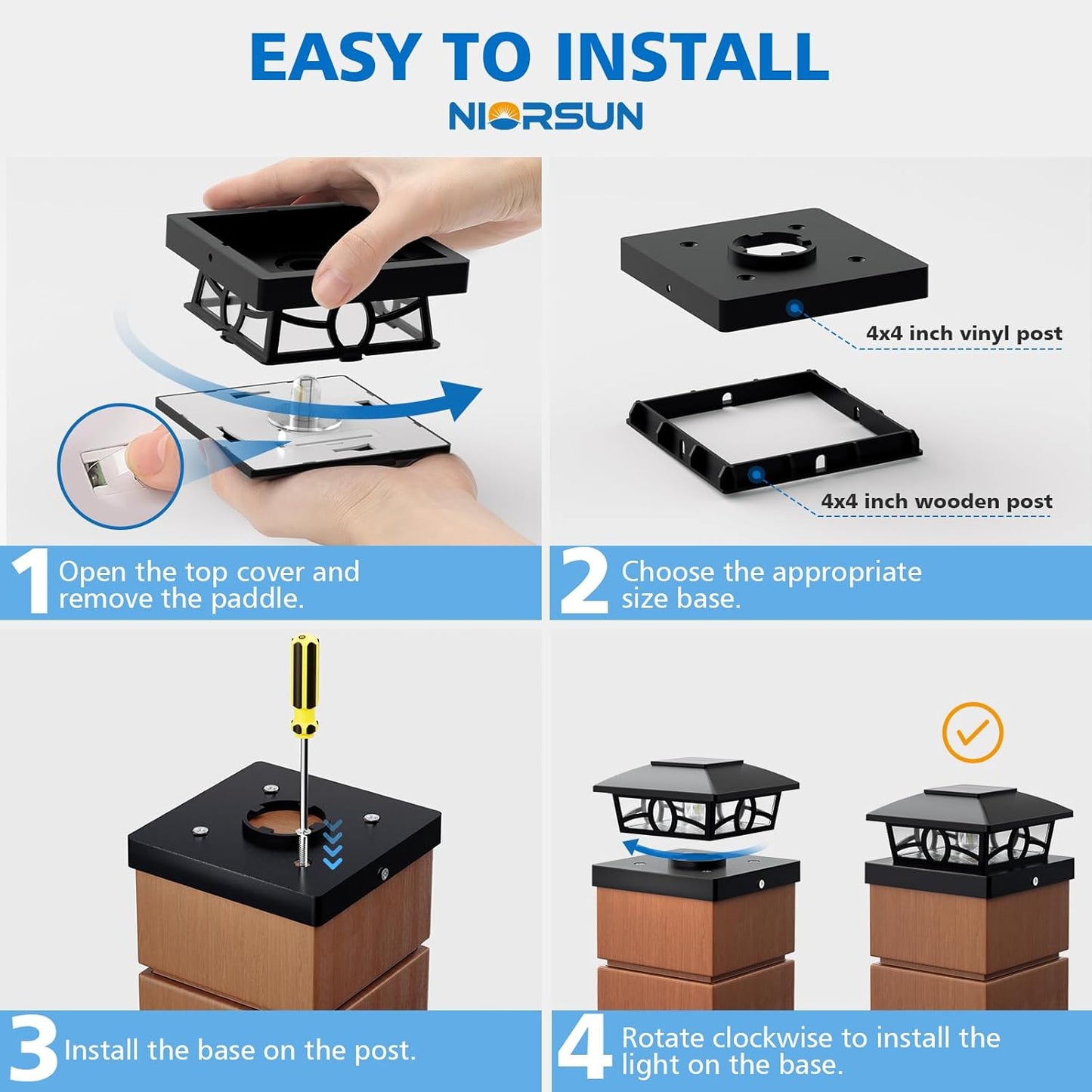 NIORSUN Solar Post Lights Outdoor, Fence Post Solar Lights Warm White Outdoor Waterproof Edison LED Bulbs Garden Patio Fence Deck Decor, Post Cap Lights 4x4 Wood Vinyl, Black 8 Pack