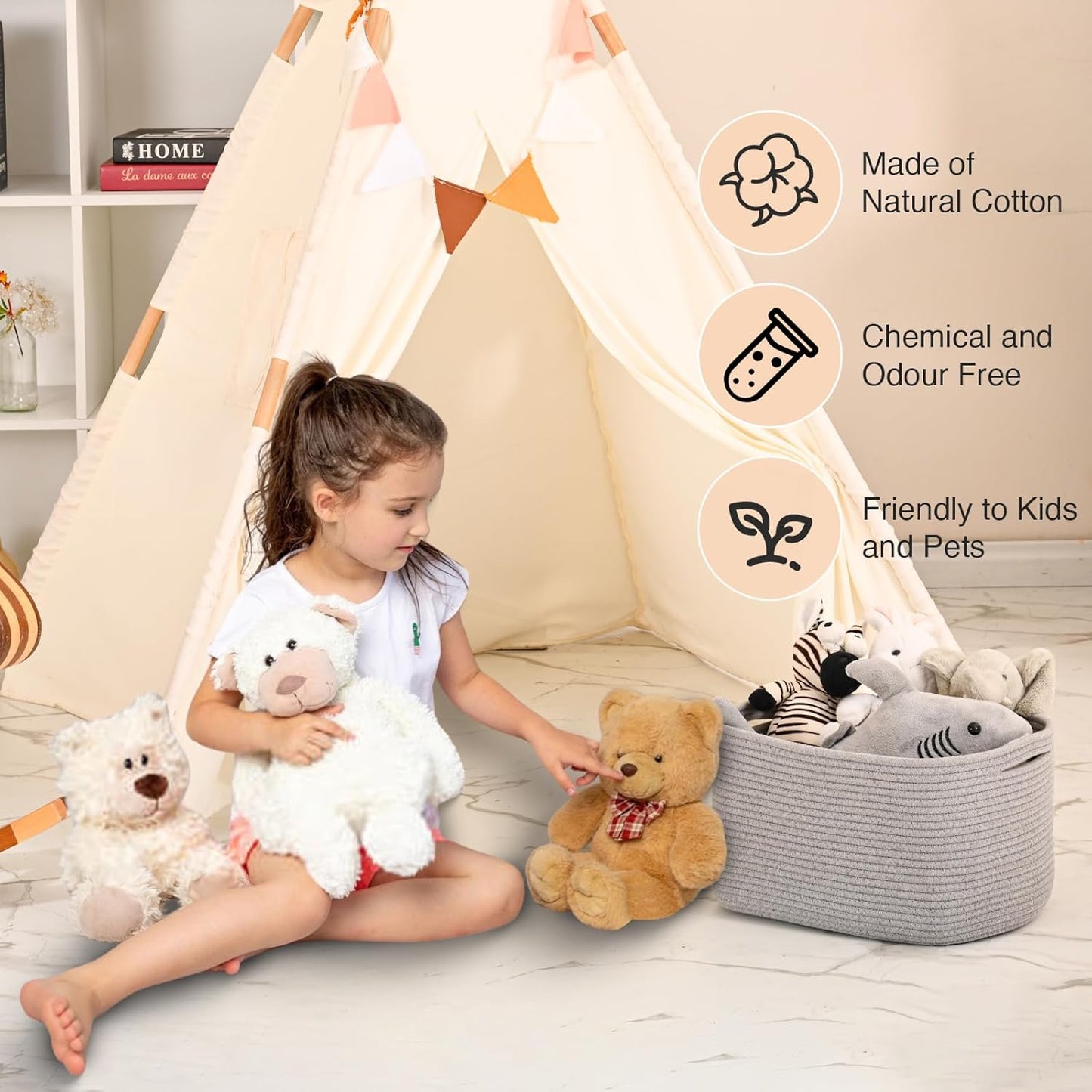 Woven Cotton Rope Storage Basket for Organizing, Cute Decorative Baskets for Gifts Empty, Organizer Bins for Dog Toy, Baby Laundry, 15“×11”×9.5“, Light Grey