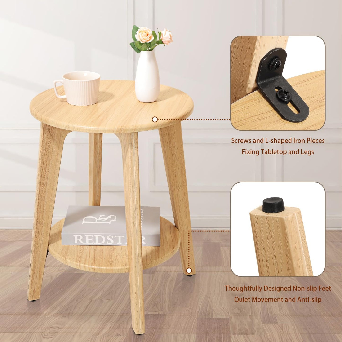 End Table Small Round Side Table with 2 Storage Shelves Walnut End Tables Accent Sofa Bedside Table Modern Night Stand for Living Room Bedroom Small Spaces