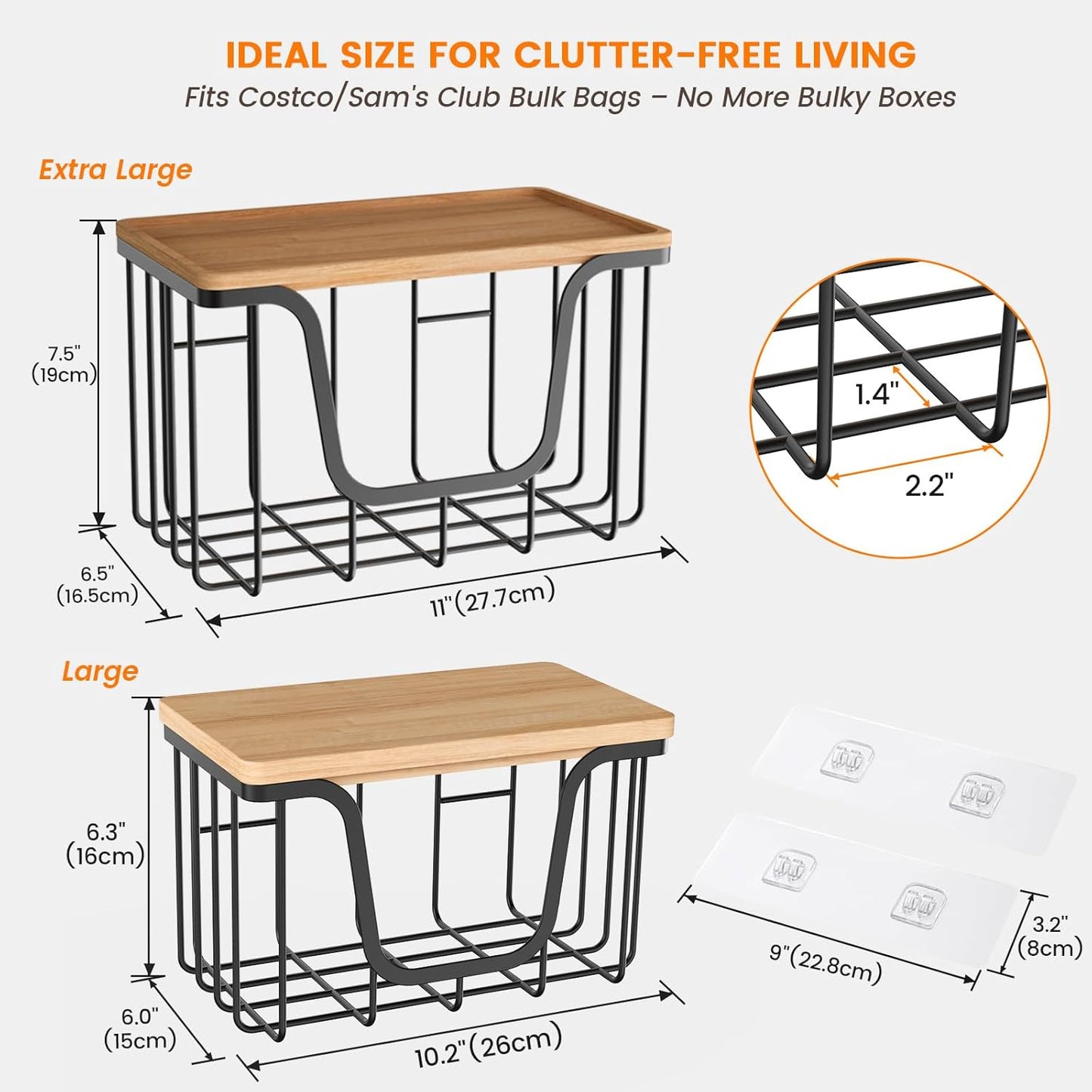 KONE Trash Bag Holder, 2 Pack Garbage Bag Dispenser, Storage Stackable Kitchen Organizer with Bamboo Top, Wall Mount Laundry Pantry Organization Black