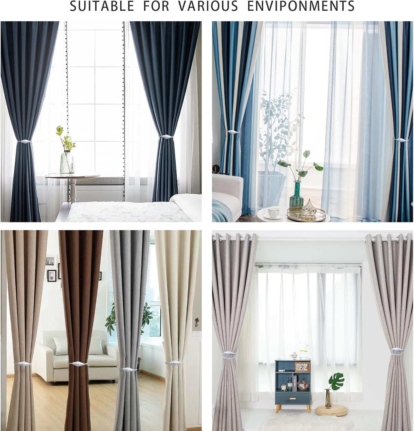 2 PCS Magnetic Curtain Tiebacks, European Style Convenient Drape Tie Backs Holdbacks for Thin or Thick Home & Office Window Draperies, No Tools Required-Wite