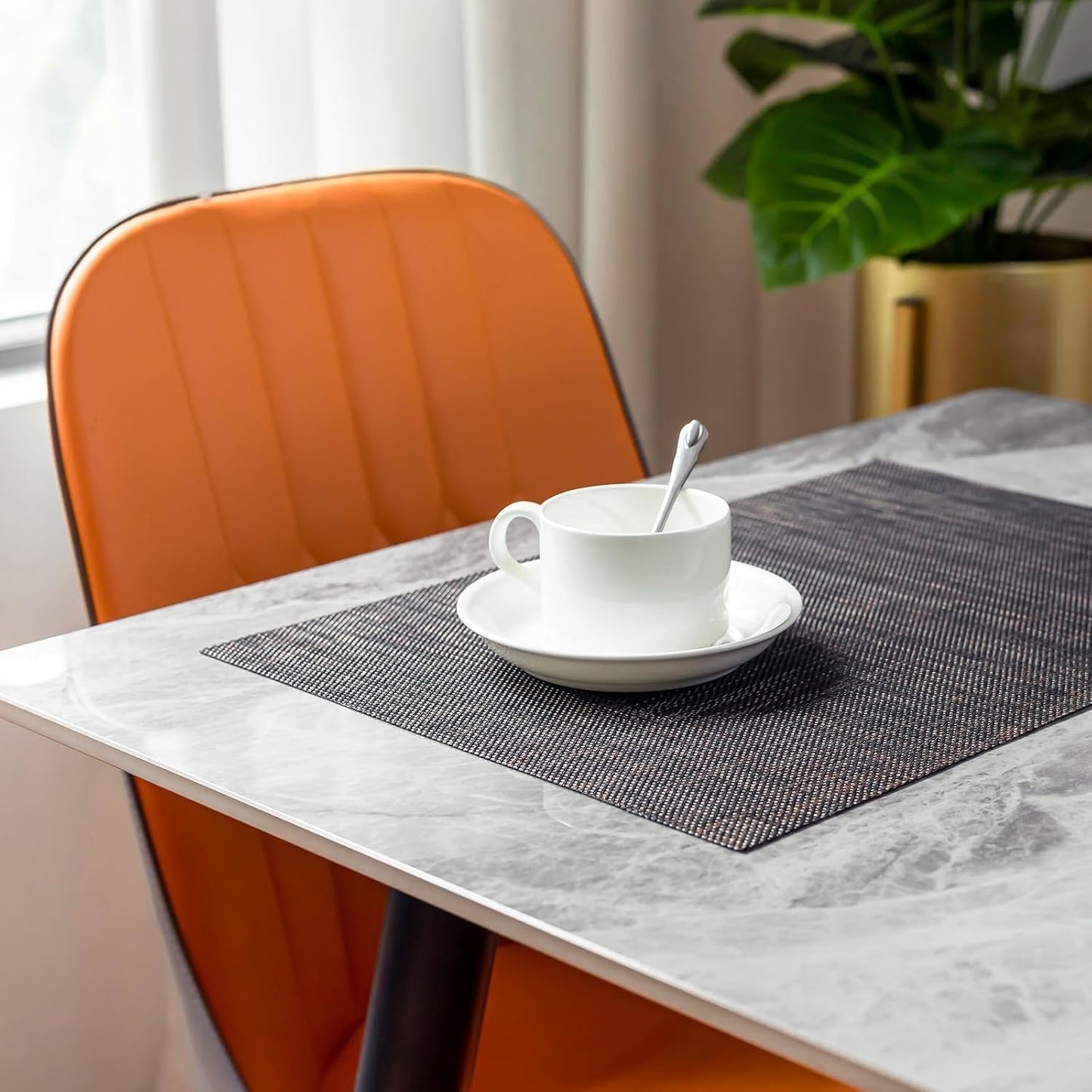 LEXMORE Placemats Set of 6 Vinyl/Plastic Woven Place Mats for Kitchen Table Indoor/Outdoor Washable Placemat Wipeable Dining Table Mats(A-Black/Brown)