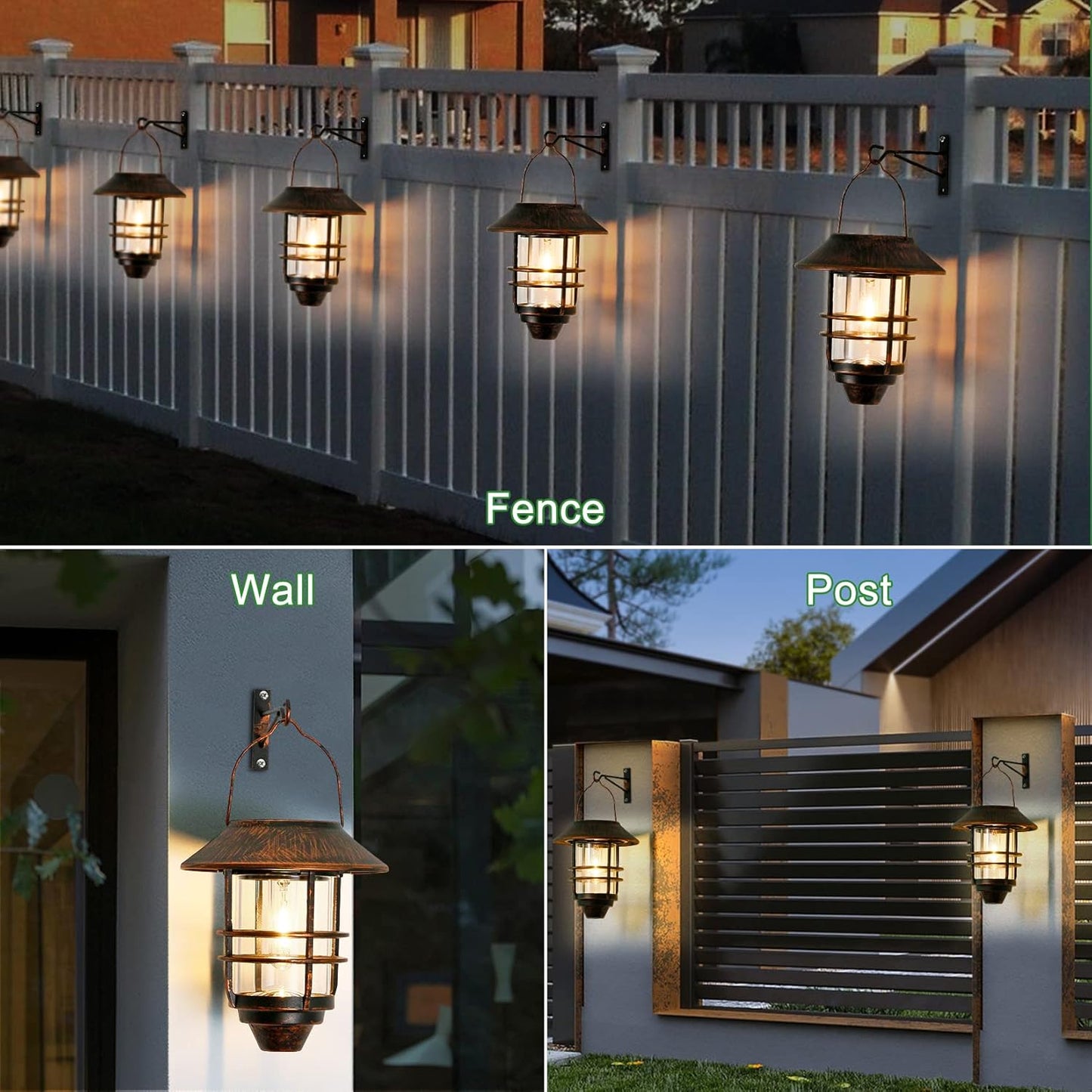 Solar Lantern Outdoor, Hanging Waterproof Solar Lights with Wall Mount Kit for Garden Porch Fence 2 Pack,Bronze