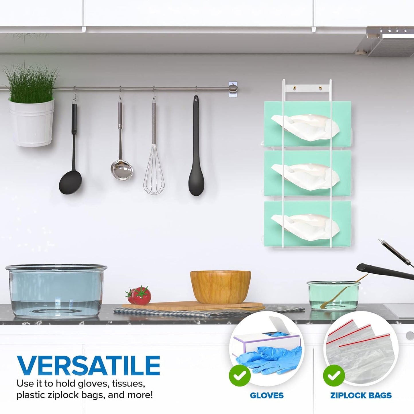 Stock Your Home (White Metal Triple Gloves Dispenser, Tissue Box Shelf, Glove Box Holder Wall Mount, For Kitchen, Cleaning Closet, Lab, Exam, or Office