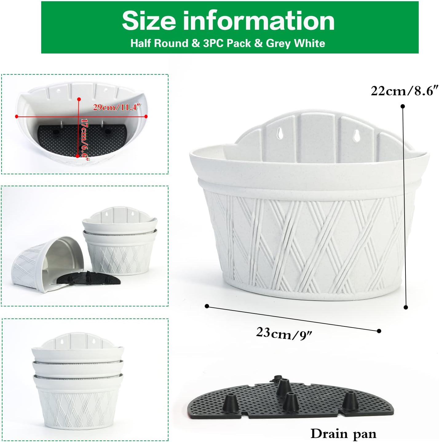 Sungmor Wall Hanging Planters,11.5 Inch Hanging Flower Pots for Railing Fence - Indoor Outdoor Balcony Wall Hanging Basket, Plastic Plant Pot Container - Half Round & 3PC Pack & Grey White