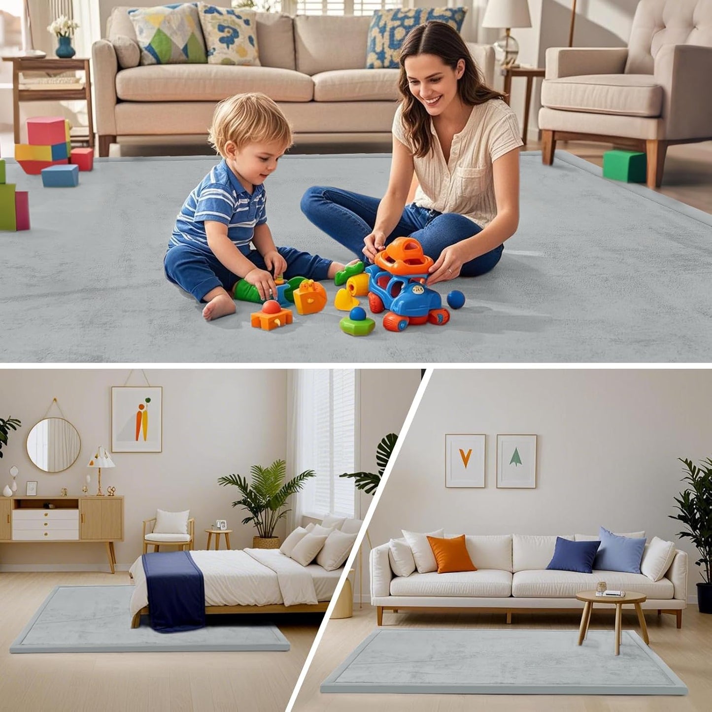 ACOMOPACK Baby Play Mat for Floor,1.3" Thick Memory Foam Area Rug for Living Room,Soft Velvet Crawling with Non-Slip Bottom for Kid,Toddler,79"×118" Tummy Time Nursery Rugs,Yoga(Light Grey)