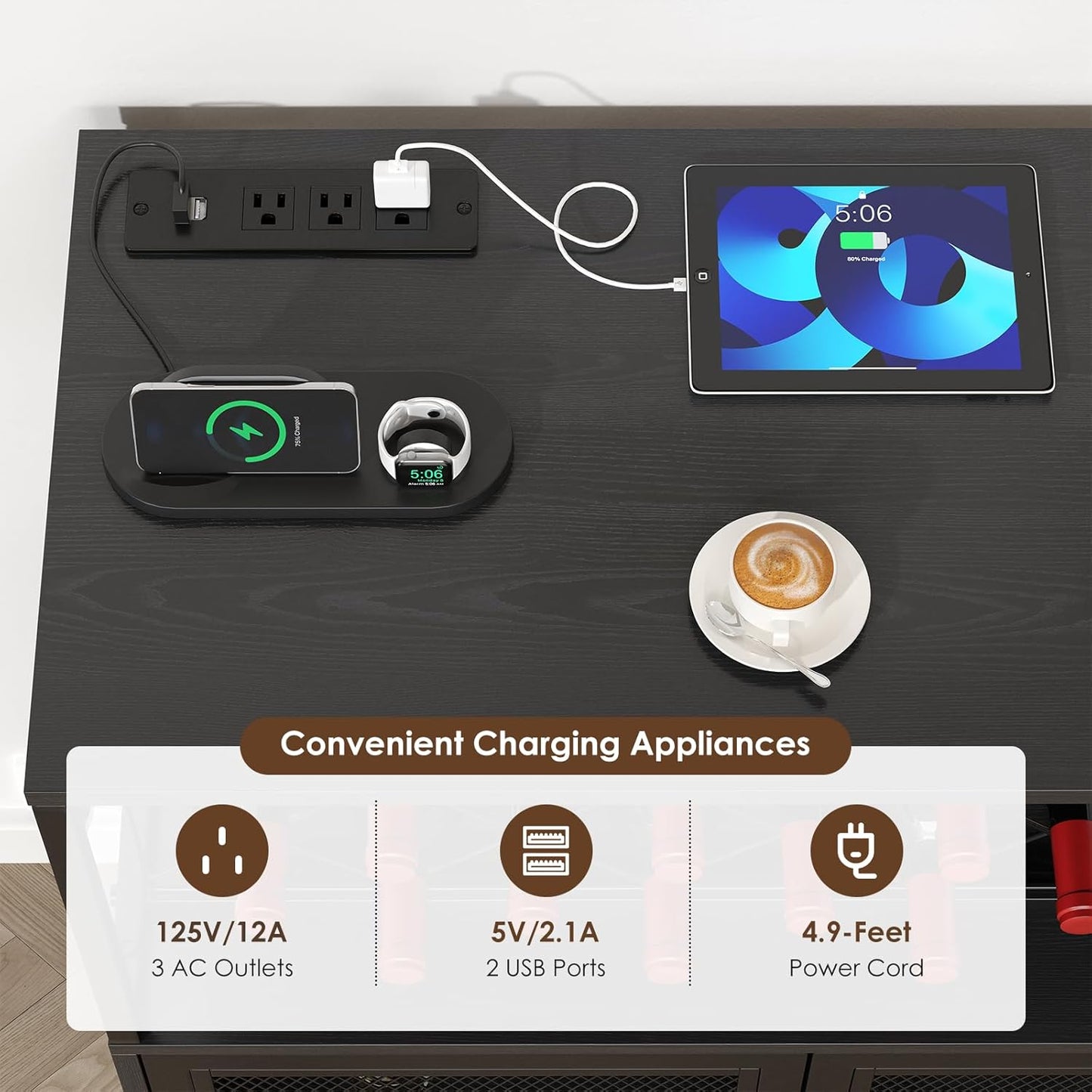 Wine Bar Cabinet with Wheels, 4-Tier Bar Cart with Power Outlets and LED Light, Liquor Cabinet Home Mini Bar with Wine Rack, Coffee Bar Cabinet for Liquor, Black