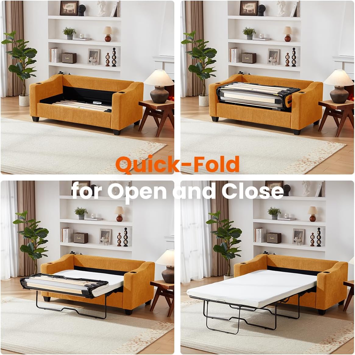 Pull Out Sofa Bed, Full Size Sleeper Sofa, 2-in-1 Convertible Corduroy Couch with USB Charging, Memory Form Couch for Living Room, Apartment and Small Space (Mustard Yellow, Corduroy - Full Size)