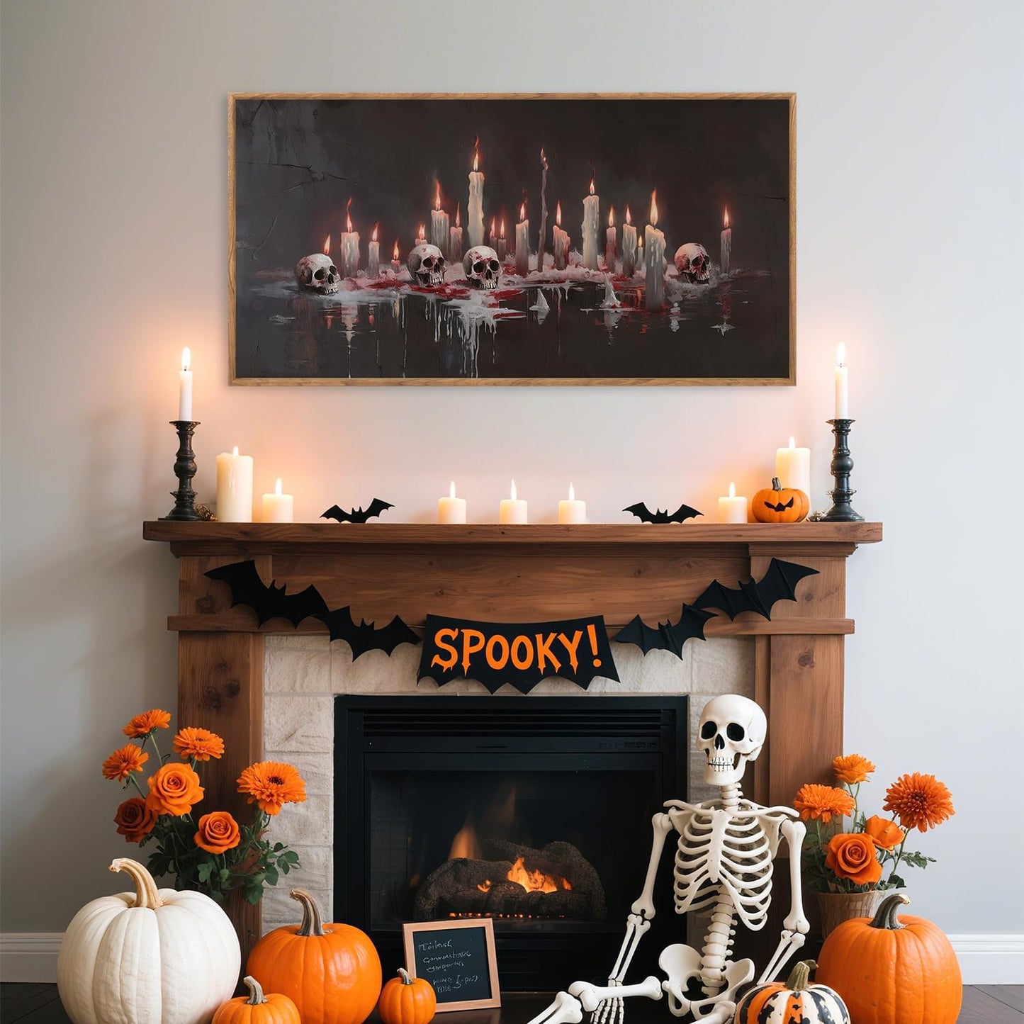 Aurlan Gothic Bloody Skull and Candles Framed Wall Art(40"x20"), Large Horror Dark Academia Halloween Skeleton Canvas Artwork, Modern Goth Spooky Creepy Ghost Decor for Home Office Bedroom