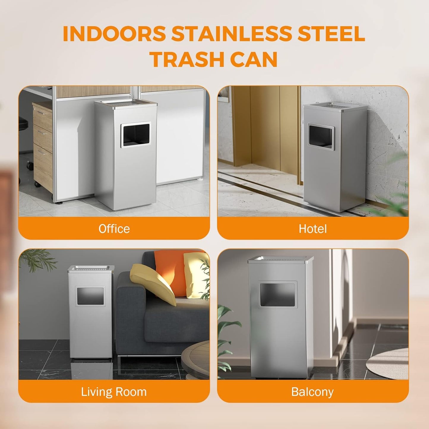 BEAMNOVA Trash Can Indoor Outdoor Metal Stainless Steel Commercial Garbage Can Industrial Garbage Enclosure Inside Cabinet with Lid Waste Container, Color Metallic, 31*25*61 cm / 12.2*9.8*24 in