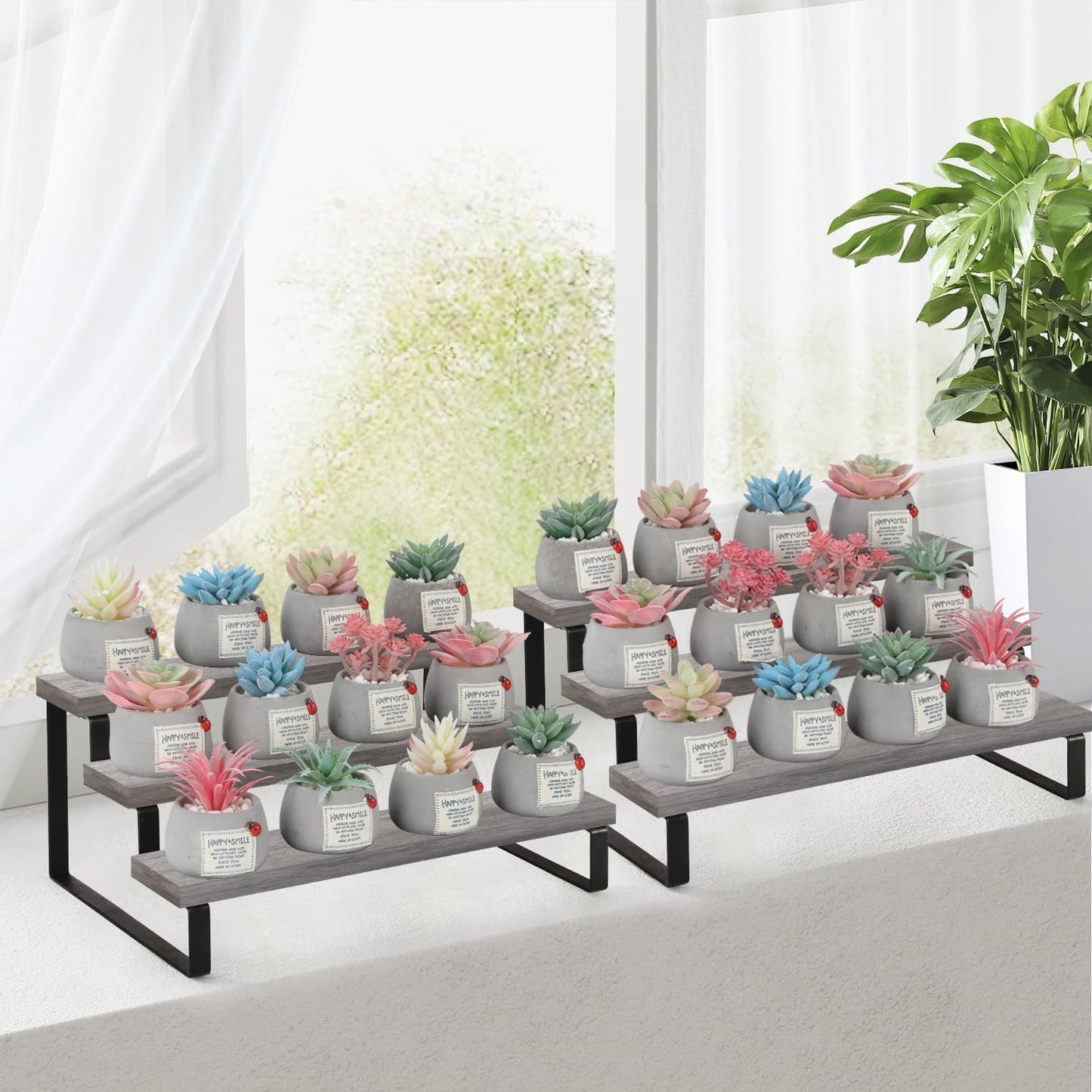 YINMIT Wooden Display Riser Stand, Tiered Perfume and Cologne Organizer Stand, 3 Tier Spice Rack Organizer, Rustic Display Shelf for Candles (3 Tier,2Pack,Grey)