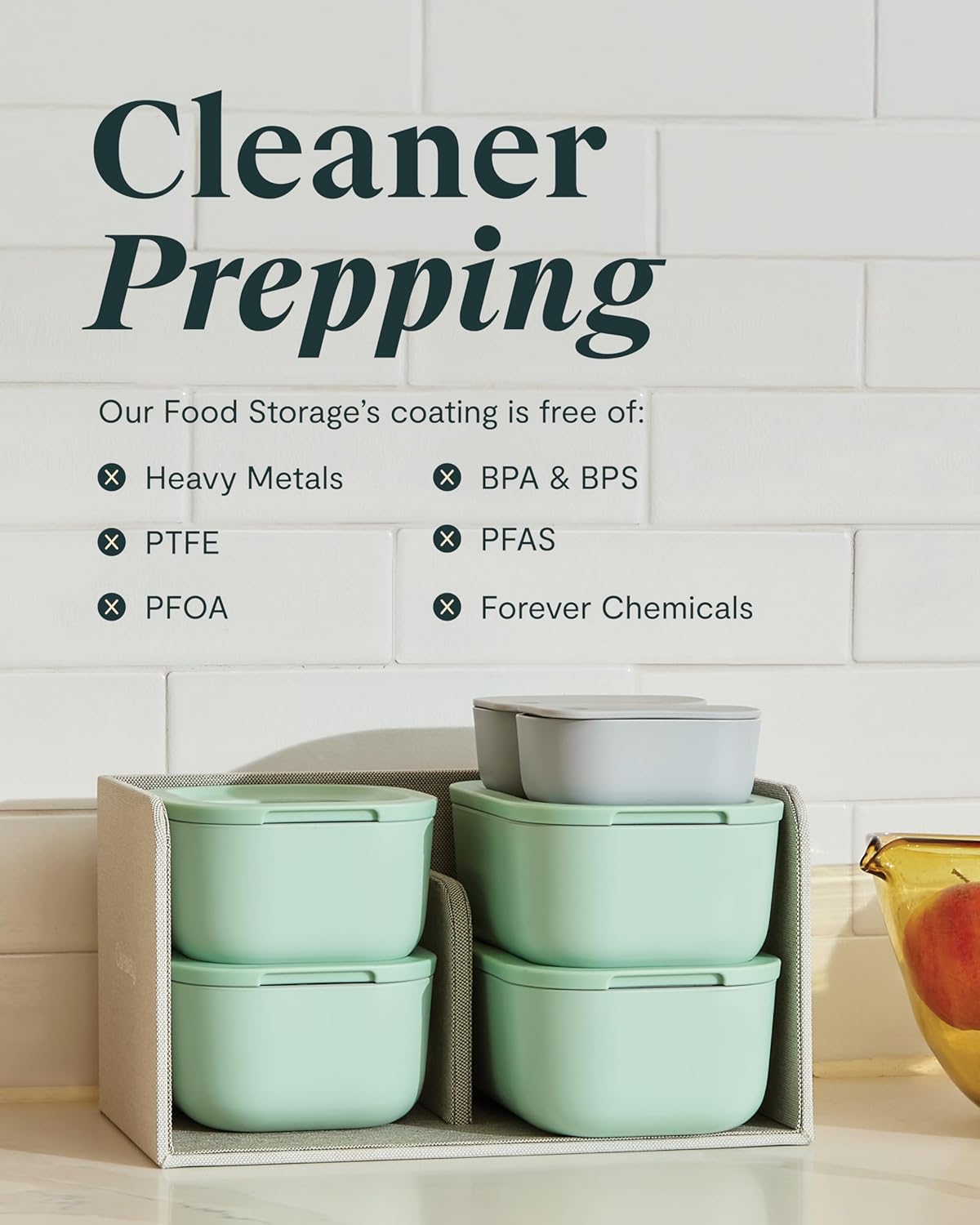 Caraway 6pc Glass Food Storage Set - 2.6 Cup Storage Containers For Food (6) - Non-Toxic Ceramic-Coated Glass - Air Release Technology - Compact & Stackable Design - Sage