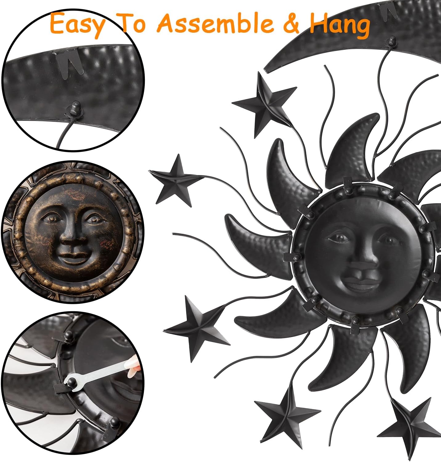 TICKCACY 27โ Metal Sun Wall Decor, Vintage Sun Moon Stars Wall Hanging Decoration, Moon and Stars Wall Art Sculpture for Indoor Outdoor Living Room Bedroom Garden Yard Patio Fence