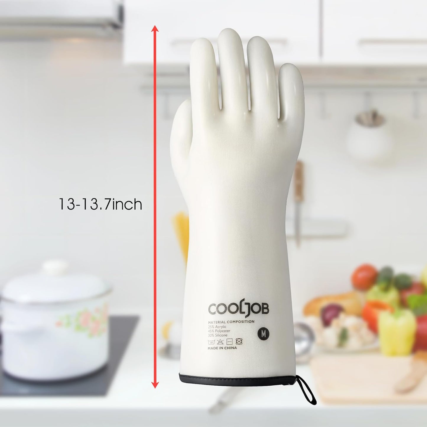 COOLJOB Heat Resistant Oven Gloves, Waterproof Liquid Silicone BBQ Grilling Gloves for Barbecue, Kitchen Cleaning, Baking, Food Contact, White, Large