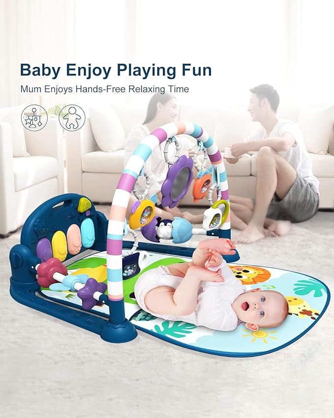 dearlomum Baby Play Mat Baby Gym,Funny Play Piano Tummy Time Baby Activity Mat with 5 Infant Sensory Baby Toys, Music and Lights Boy & Girl Gifts for Newborn Baby 0 to 3 6 9 12 Months(New Blue)