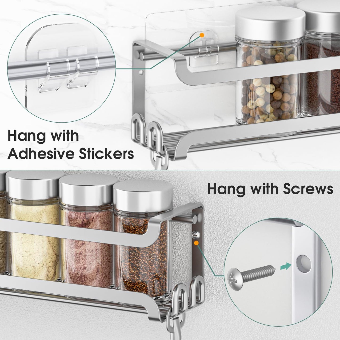 LUCYCAZ 4 Pack Wall Mounted Spice Rack with 16 Hooks, Spice Organizer Shelf for Stove Cabinet Pantry Door,Screw or Adhesive Spice Shelf Hanging Wall Spice Rack in Kitchen and RV (Silver, 4 PACK)