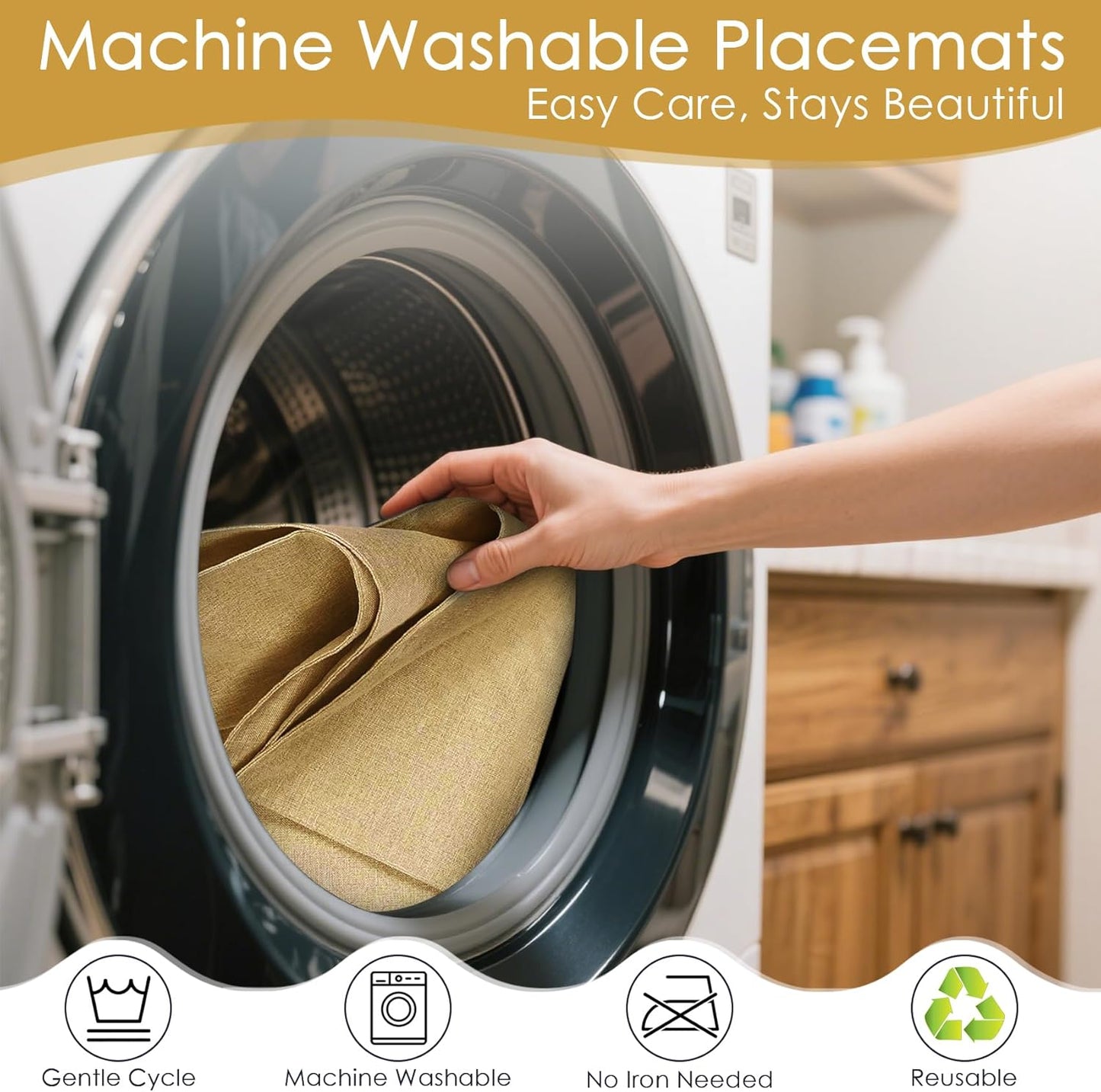 MANSPHIL Khaki Cloth Placemats Set of 4, Washable Thick Faux Linen Place Mats Heat Resistant Double Layer Table Mats for Dining Kitchen Indoor Outdoor Use - 13x19 Inch