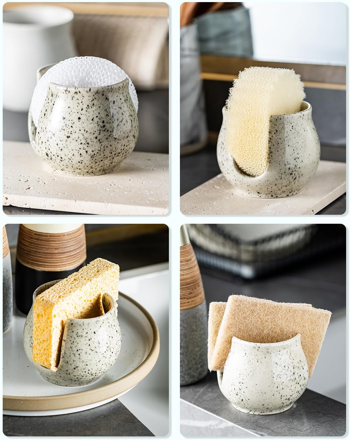 Sponge Holder for Kitchen Sink, Ceramic Dish Sponge Dish Rack Scrubby Caddy Kitchen Organizer Cute Sink Caddy Organizer, Farmhouse Decor, Speckled Glaze