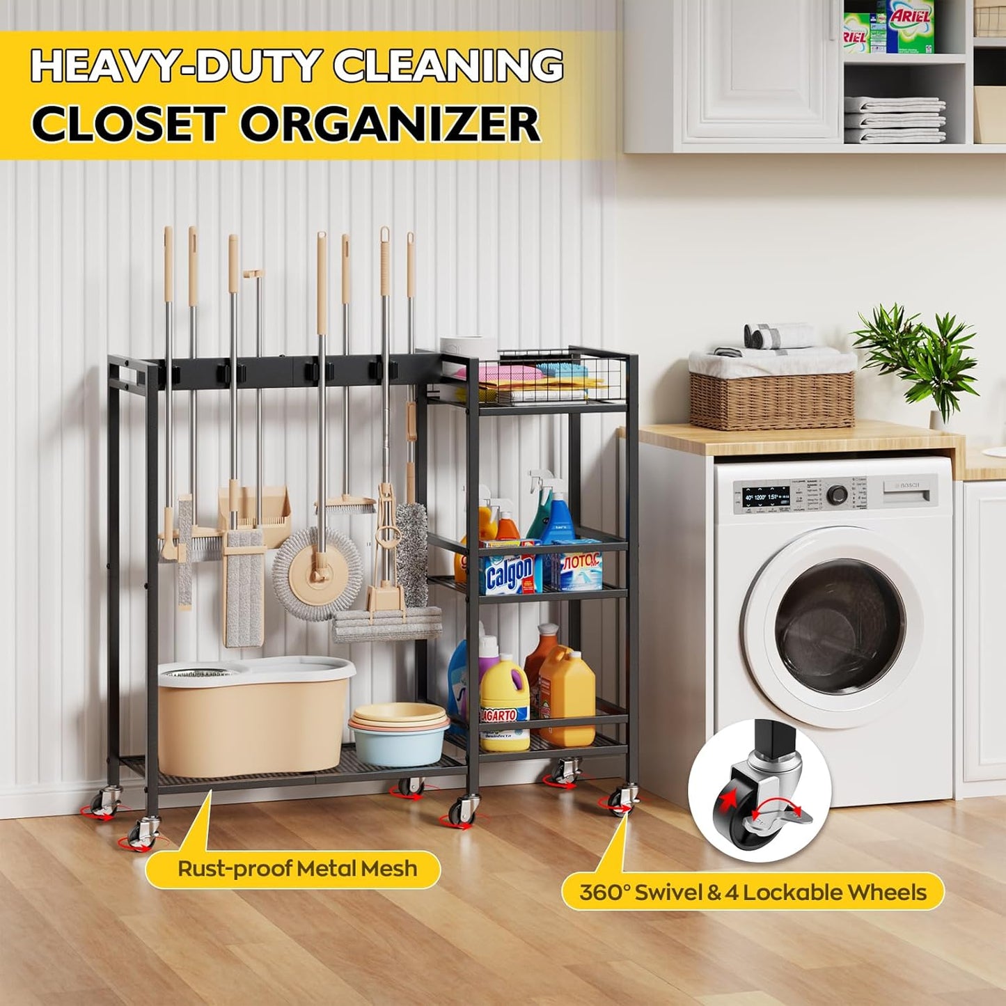 Broom Holder with Cleaning Supplies Organizer, Movable Broom Closet Storage Cabinet with Cleaning Caddy, Cleaning Cart with Mop Rack, Janitorial Housekeeping Cart on Wheels, Laundry Room Organization
