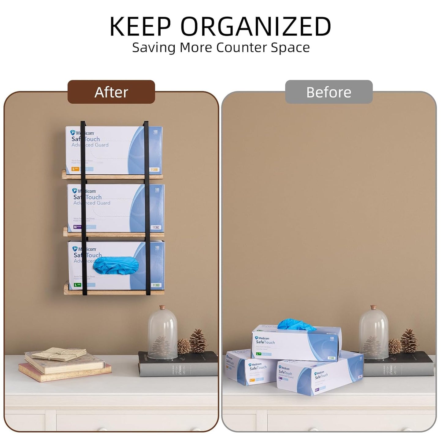 Glove Holder Dispenser for Wall Mount Wooden Metal Disposable Latex Glove Box Holder for Home Office, Lab and Garage, Tissue Wire Rack Wall-mounted for Kitchen Organizer Decor