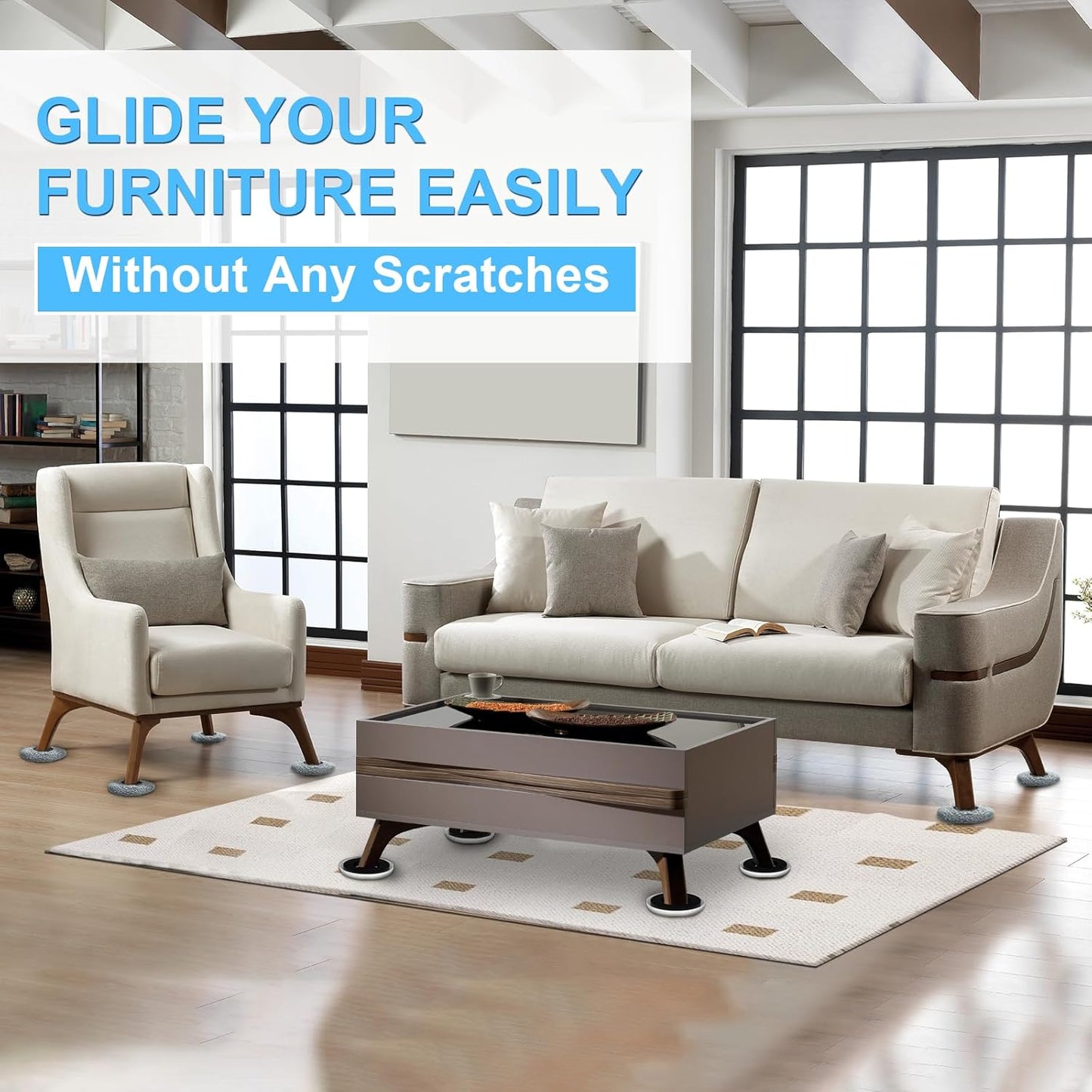 New Upgrade Furniture Movers Sliders, 4+4 Pack 4.3" Multi-Surface Furniture Sliders with Groove Design, Round 4PCS Moving Pads and 4 Hardwood Socks, Protect Floor and Easily Move Furniture