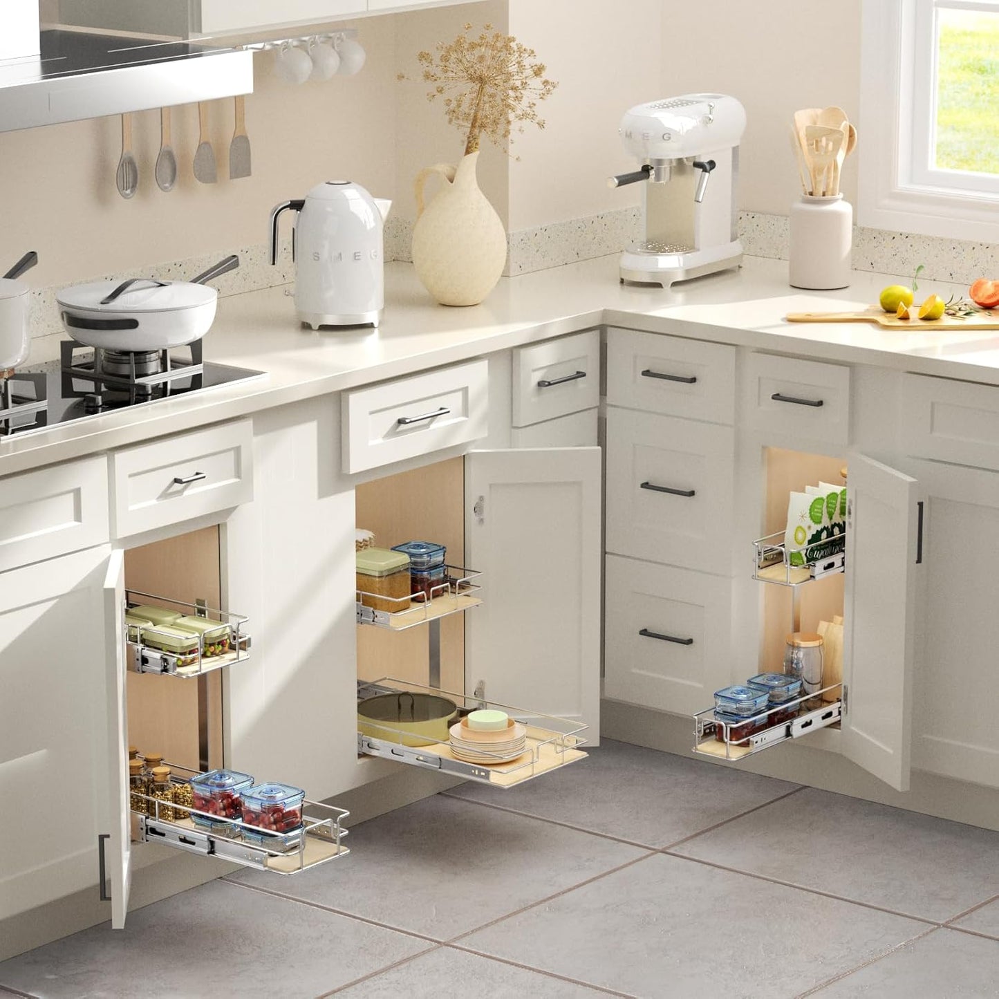 ROOMTEC 2 Tier Individual Pull Out Cabinet Organizer 7½"W x 21½"D, Slide Out Wood Shelves Organizers, Pull Out Drawers Organization and Storage for Kitchen Cabinet