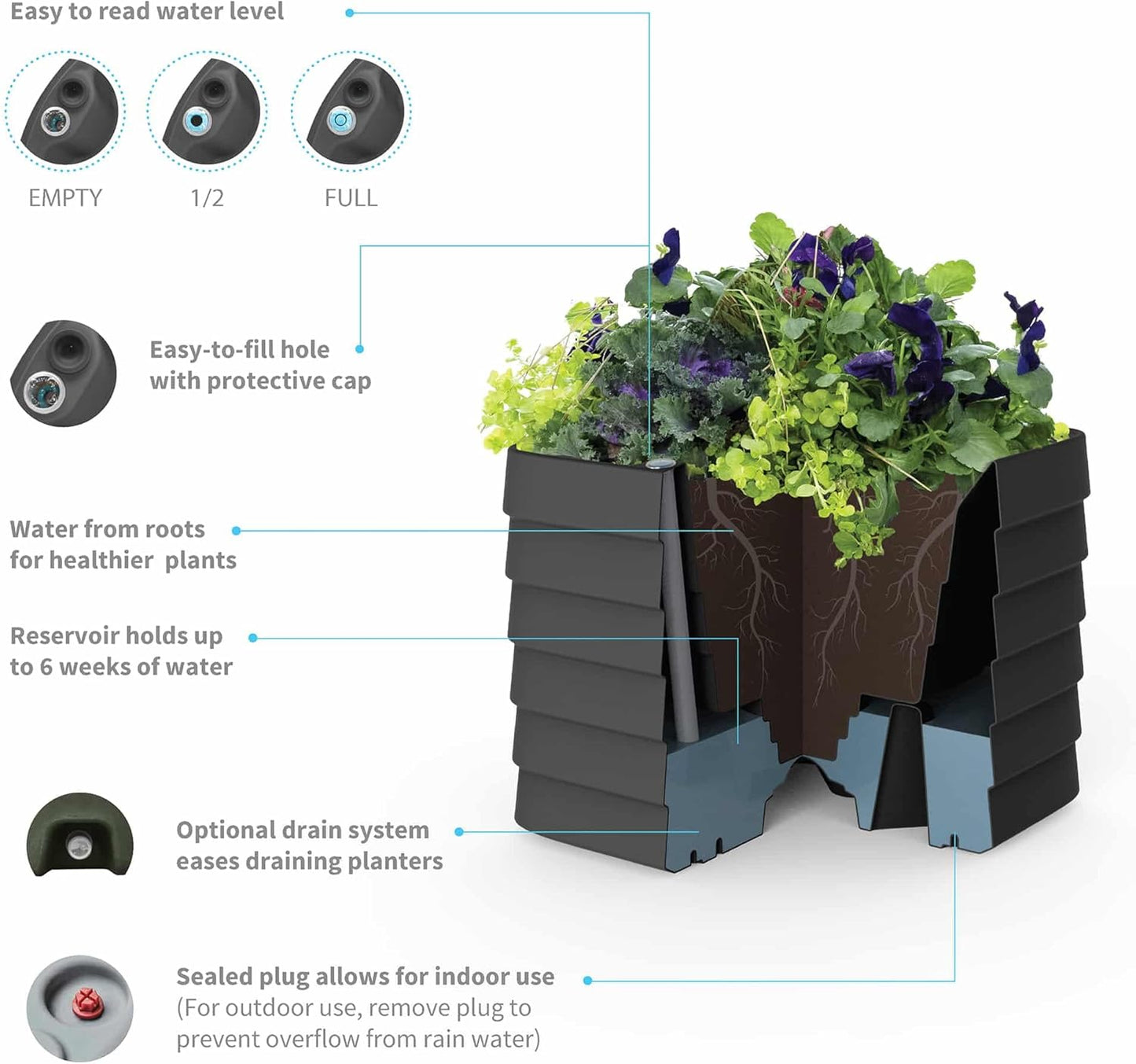 Crescent Garden Slat Medium Rectangular Planter Box for All-Weather - Self-Watering Outdoor Deck Box Planter for Flowers and Herbs (Parchment, 36'' x 17'' x 17''H)