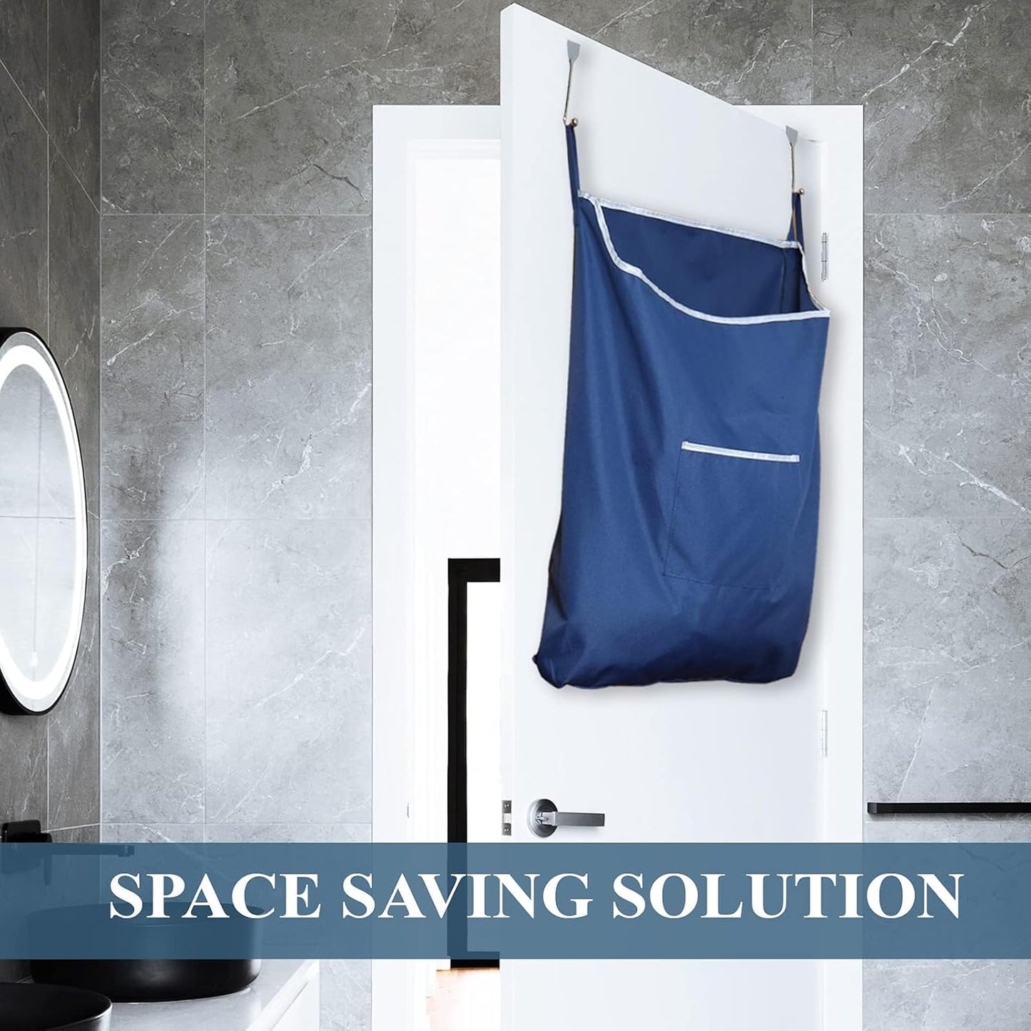 Fine Living Co. Large Hanging Laundry Hamper with Over Door Hooks & Adhesive, Durable Space Saving Laundry Bag with Zipper and Wide Open Top, Hanging Dorm Laundry Hamper (Navy Blue-XL)