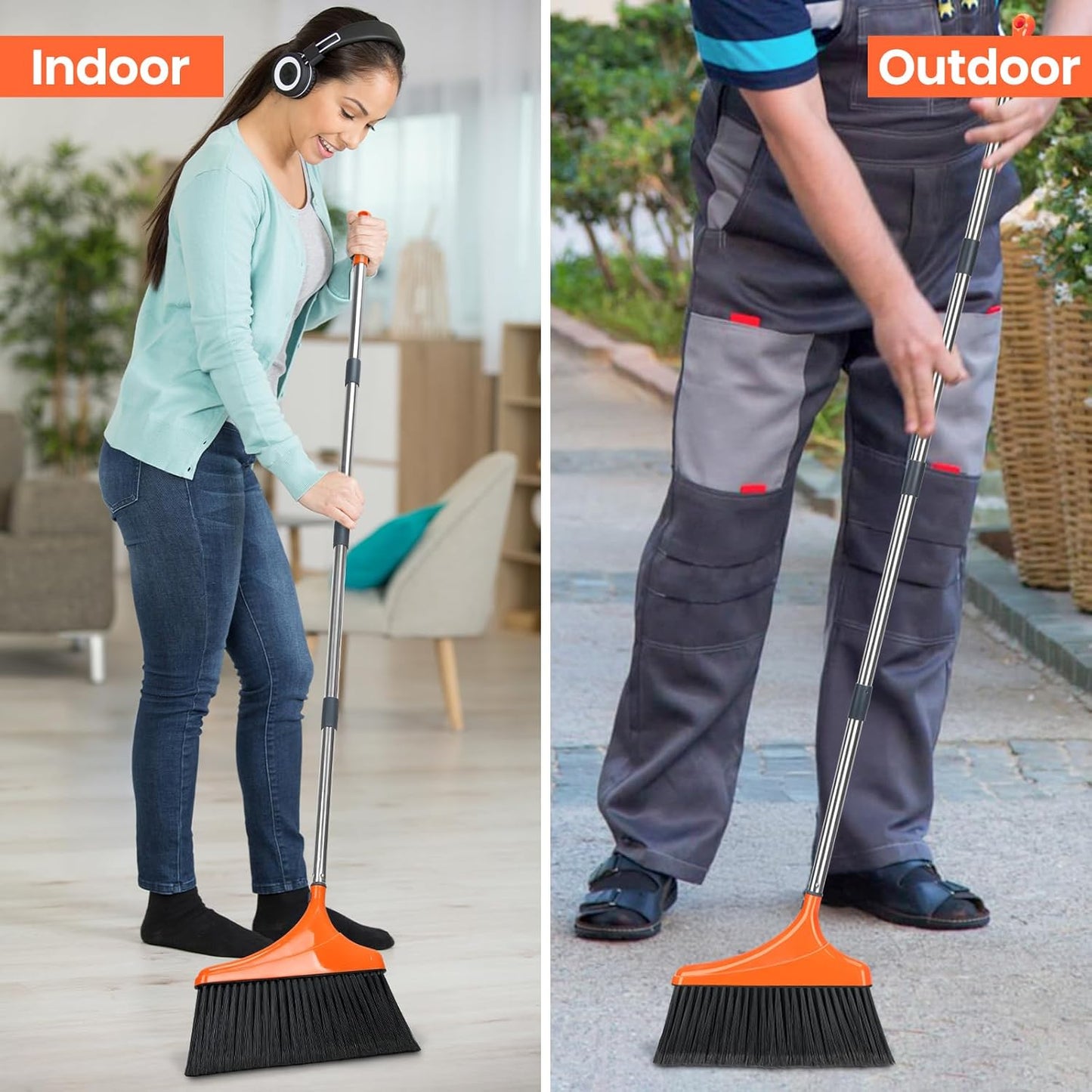 4 Pack Heavy-Duty Angle Broom for Floor Cleaning with 52" Long Handle Stiff Bristle Angle Commercial and Industrial Broom, Indoor Outdoor Broom for Garage Kitchen Office Lobby Patio