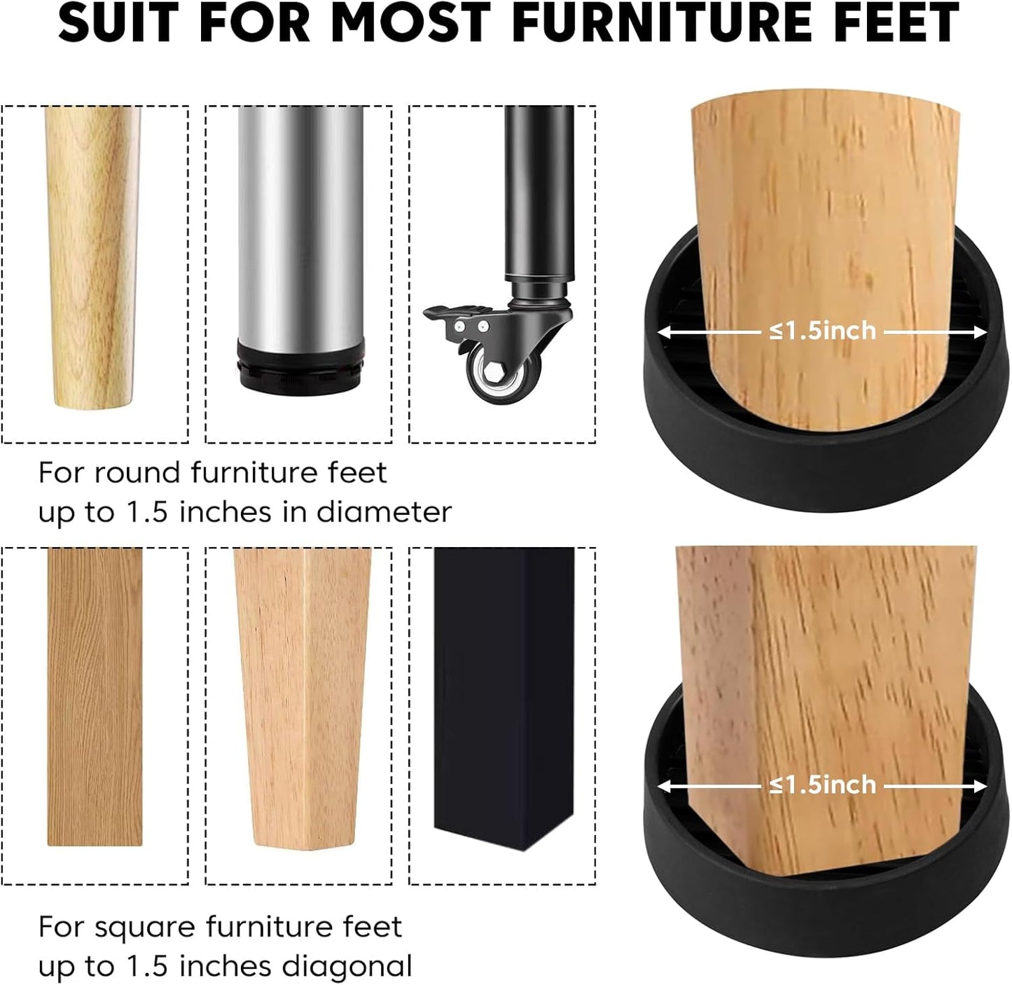 Rubber Furniture Pads Non Slips Furniture Casters Cup Chair Leg Floor Protectors for Bed Sofa Table and Chair Stopper (Pack of 8,Black 1.5" x 1.5" Round)